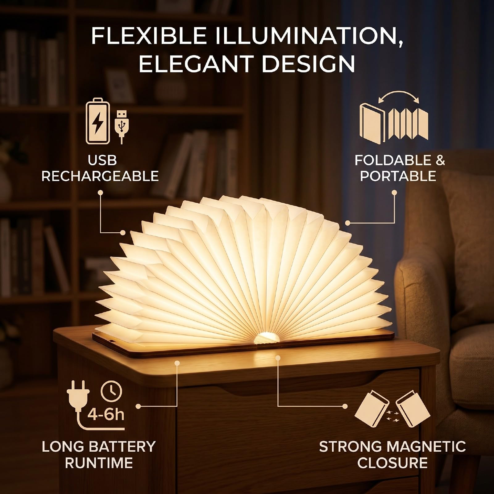 Dpofirs Lámpara de Libro de Madera, Lámpara Portátil Recargable por USB con Luz Blanca Cálida Ajustable y Diseño Plegable para Decoración de Escritorio de Noche y Lectura Nocturna (arce blanco)
