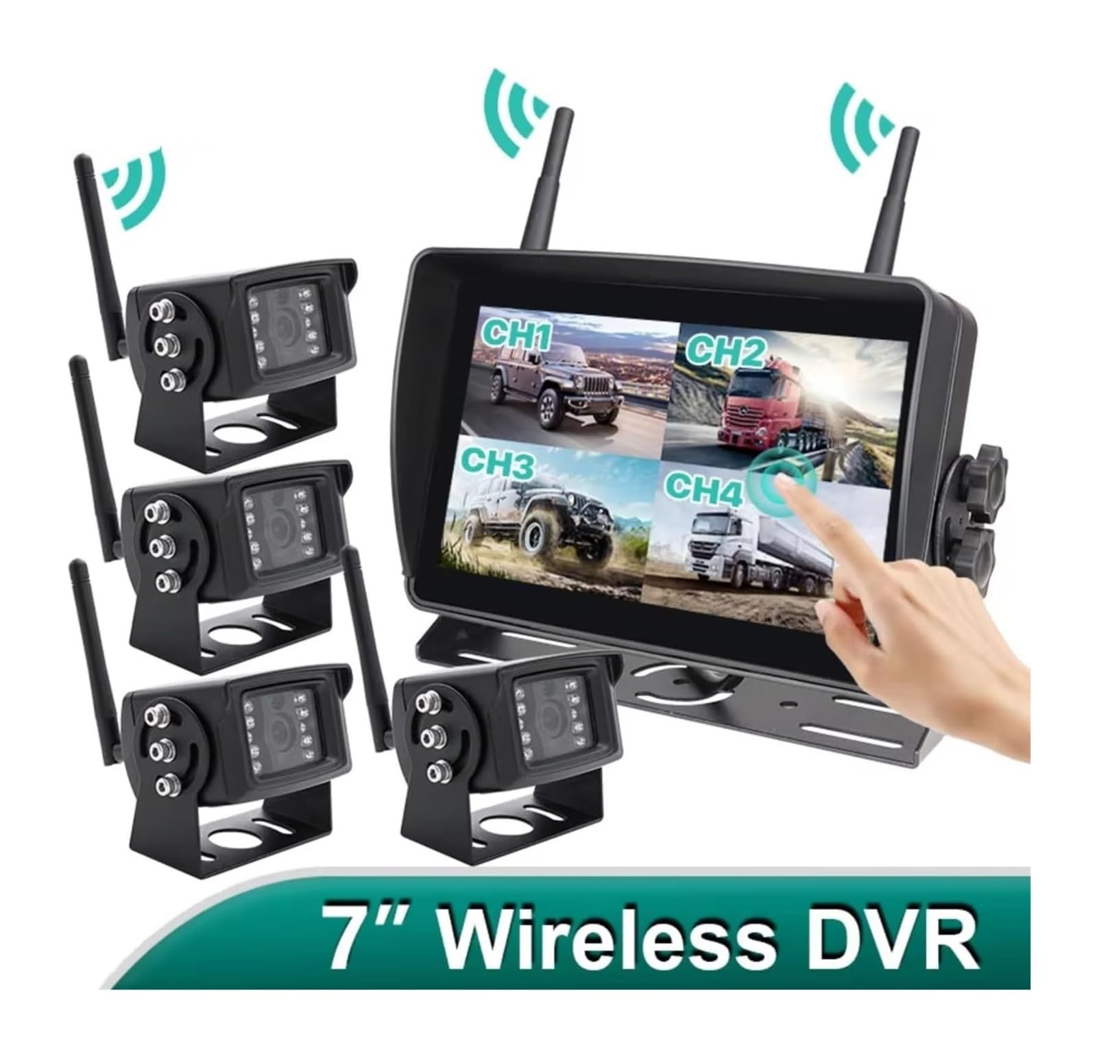 Cámara Visión Nocturna Infrarroja DVR Pantalla Táctil Inalámbrica Digital AHD 7'' 4 Canales Monitor WiFi para Camión Remolque Autobús Cámara de Respaldo(Side and Rear Camera,128G)