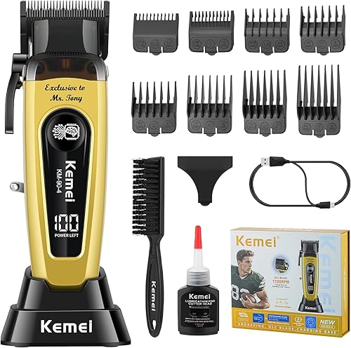 KEMEI Cortapelos profesionales 90-4 para hombres, 11500 RPM con pantalla LED, recortadora de pelo inalámbrica con cuchilla DLC y base de carga,
