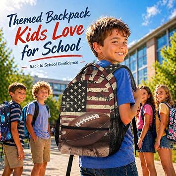 Boys Backpack Football Backpacks for Kids Toddler Teens, Lightweight Retro Bookbag for Kindergarten Elementary Middle