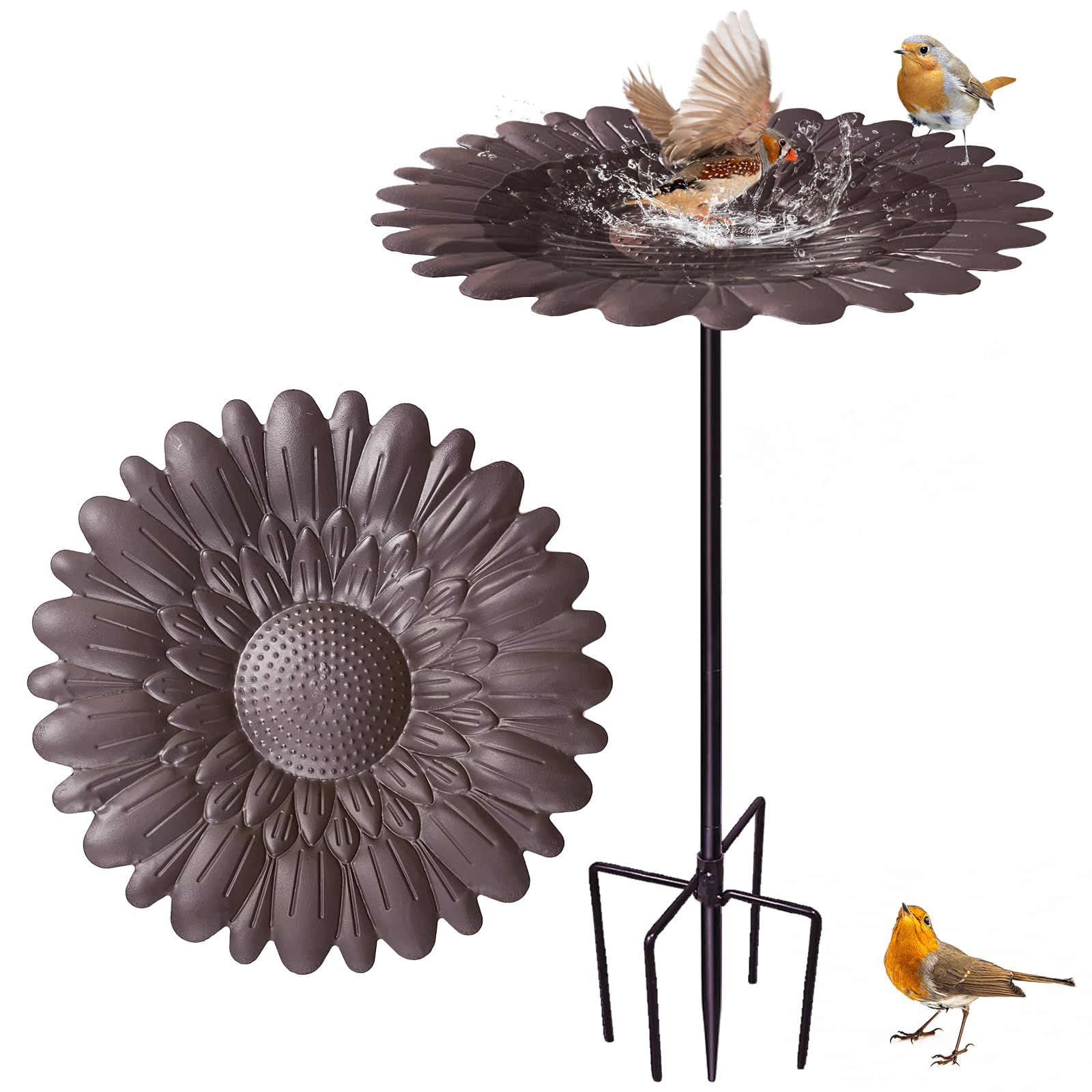 Abreuvoir Oiseaux Exterieur, Mangeoire Oiseaux Exterieur, avec Base Stable 5 Broches, Bain d'oiseaux Vintage en Métal sur Pied pour l'extérieur Jardin Cour Decoration(Couleur Rouille)