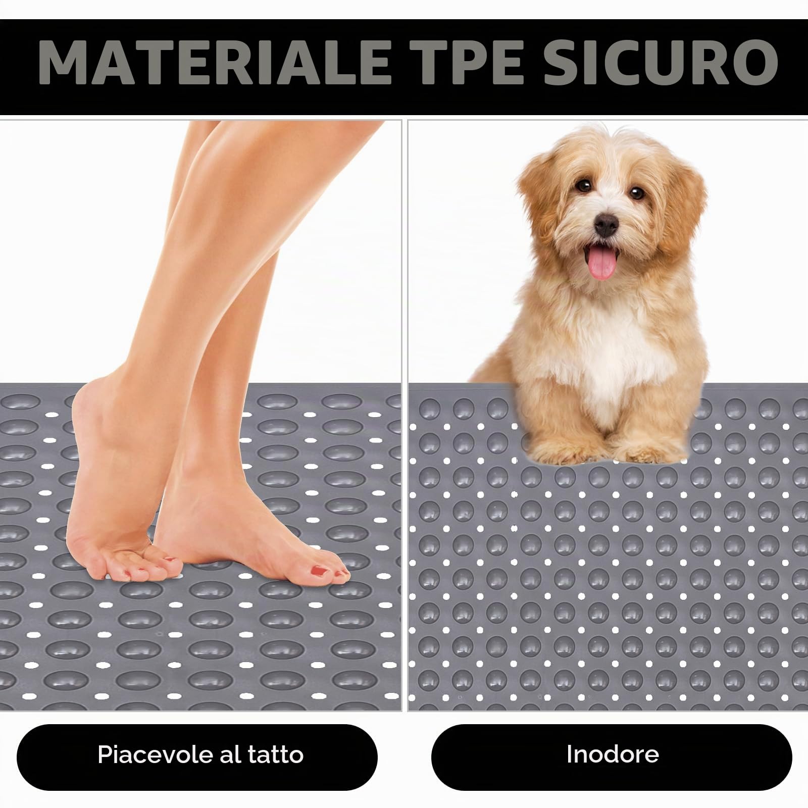 Tappetino da doccia grande, antiscivolo, 80 x 120 cm: morbido inserto per doccia in TPE con fori di scarico e ventose, tappetino antiscivolo, lavabile in lavatrice, antibatterico, resistente