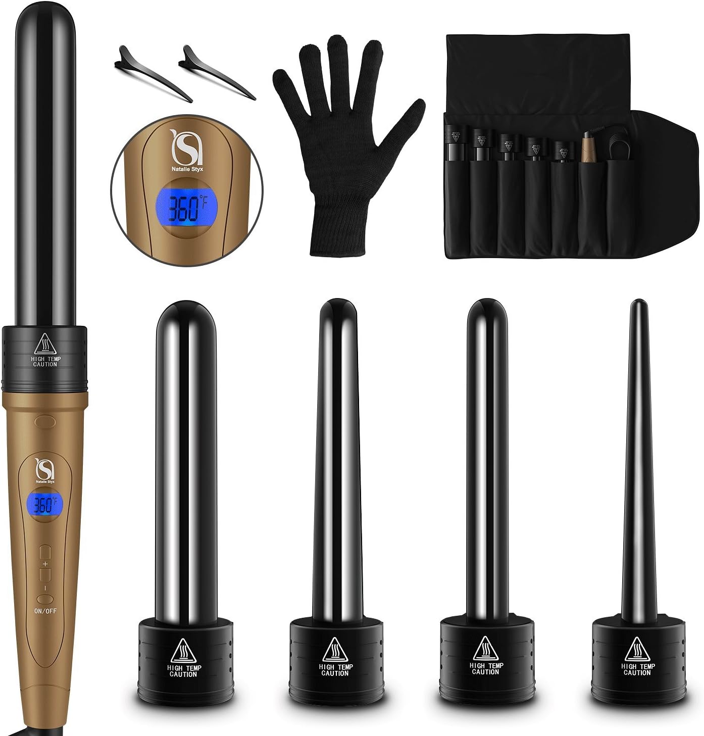 5 in 1 Curling Iron 5 Interchangeable Hair Wand Ceramic Barrels, Professional Hair Curler with a Heat Protective Glove & Travel Bag