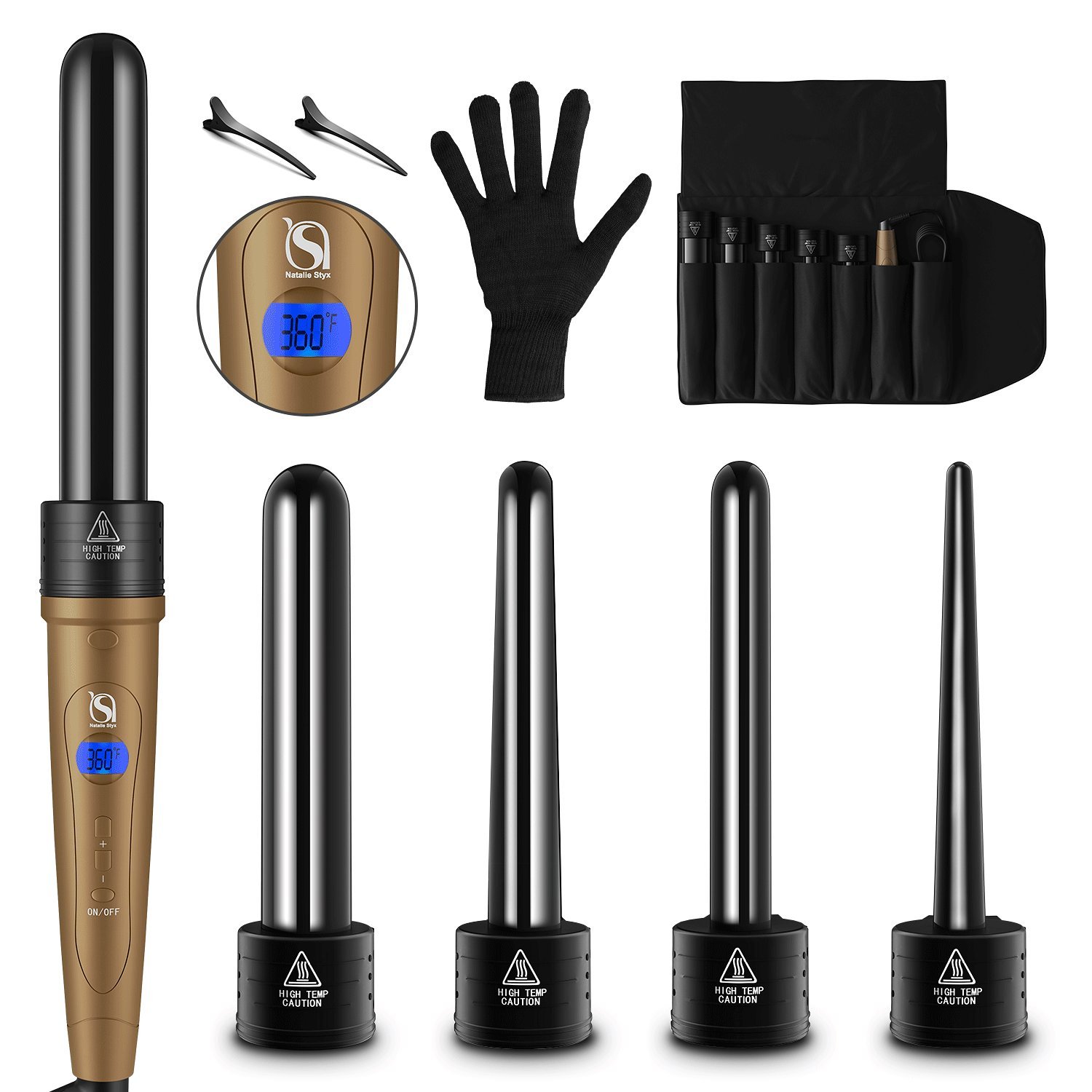 5 in 1 Curling Iron 5 Interchangeable Hair Wand Ceramic Barrels, Professional Hair Curler with a Heat Protective Glove & Travel Bag