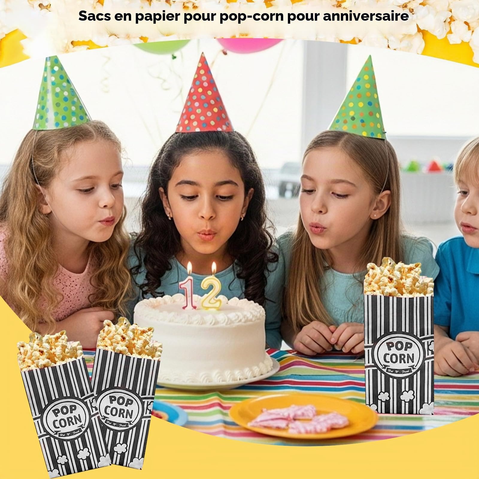 300 Pièces Sachet Pop Corn,Petites Sac Popcorn en Papier Rouge Blanche Rayé,Classique Rétro Snacks Container pour Les Fêtes, Anniversaires, Soirées Cinéma Carnival, Noir & Blanche(21×9×6cm)