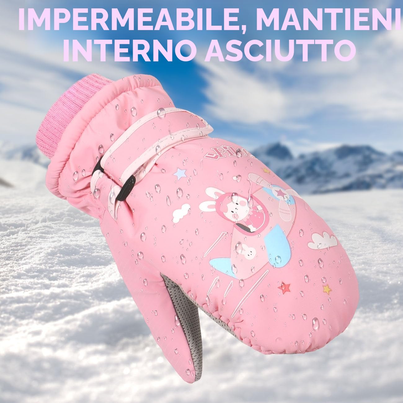 Rhino Valley Guanti da Neve per Bambini, Impermeabili, Nastro Regolabile, Guanti Invernali da Sci per Bambini/Ragazze per Sci e Snowboard all'Aperto