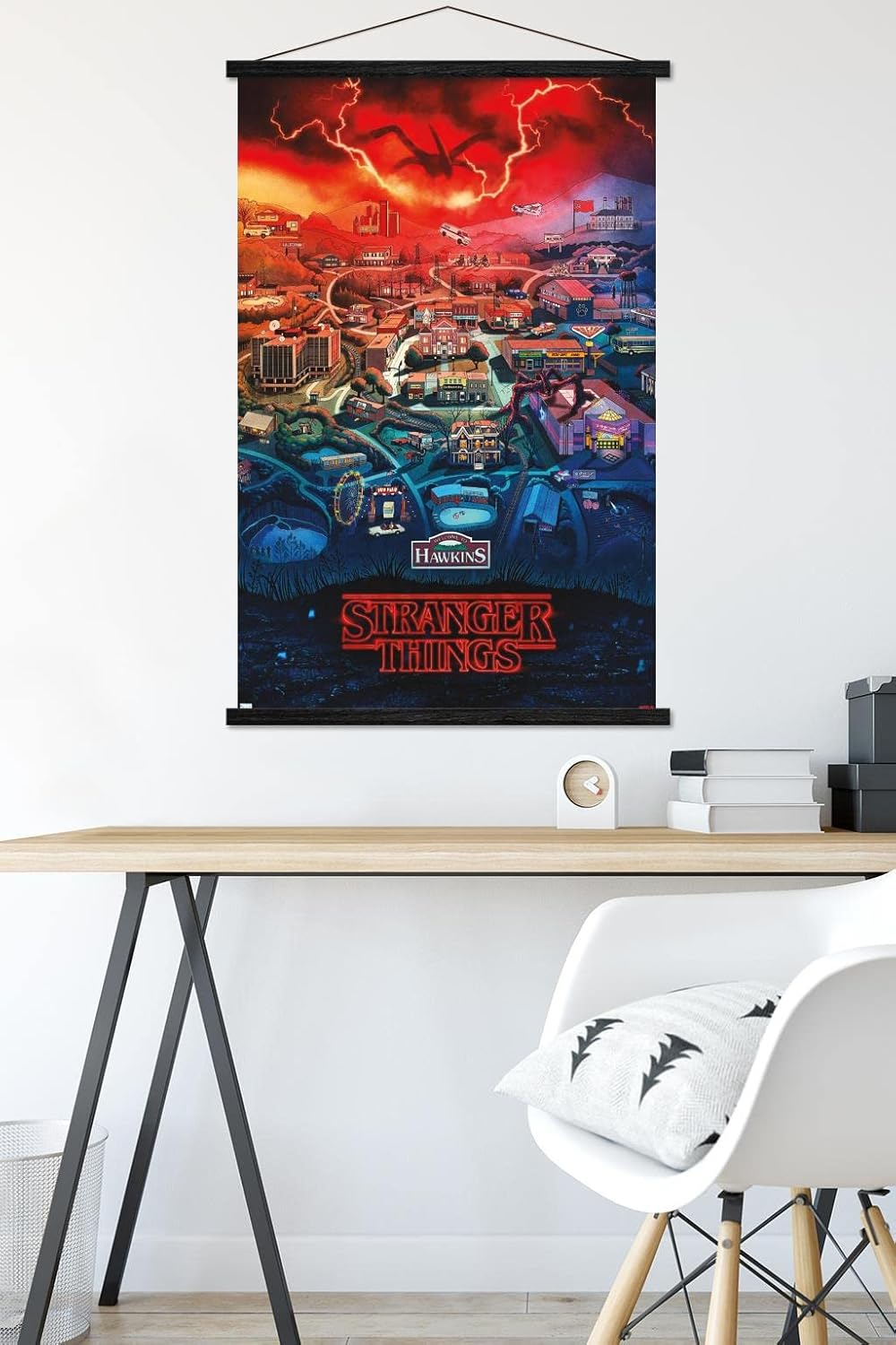 Trends International Netflix Stranger Things: Season 4 - Hawkins, Indiana Wall Poster, 22.375" x 34", Print and Black Hanger Bundle