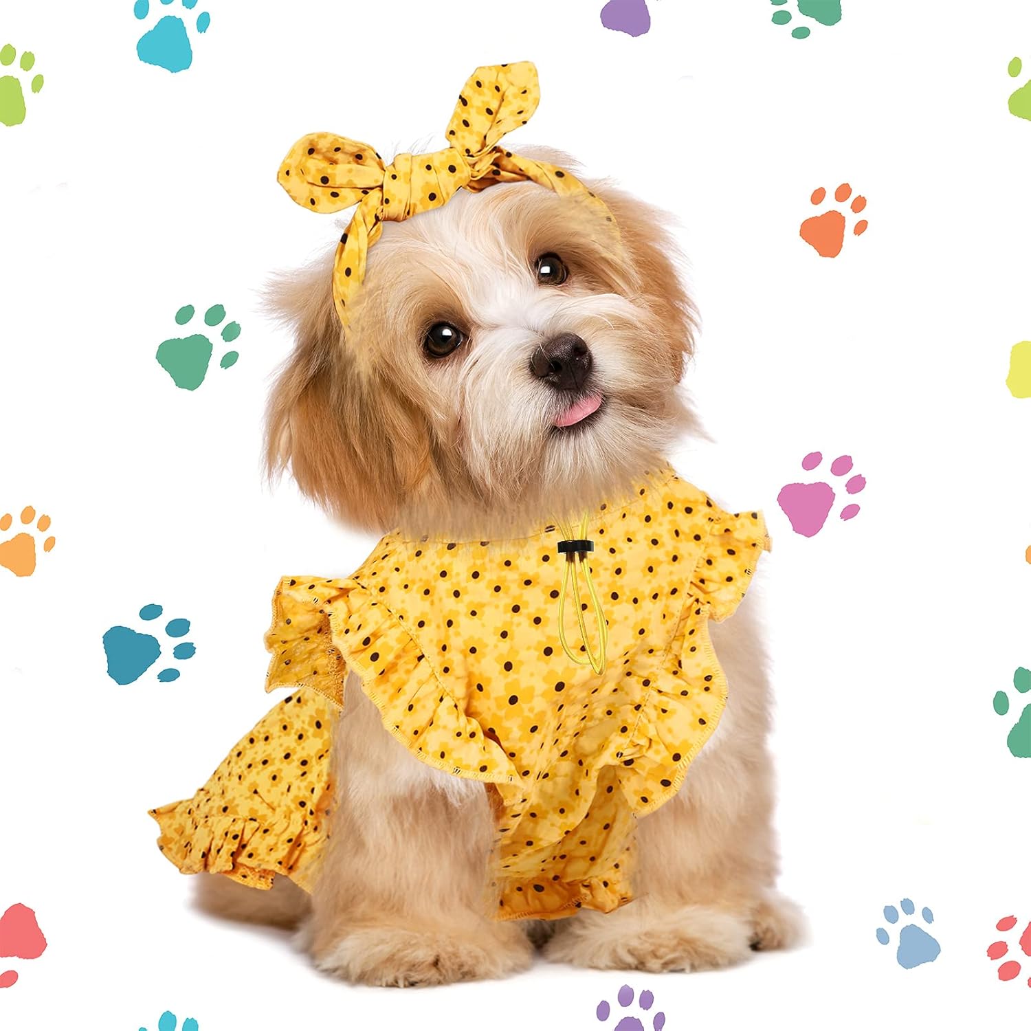 Frienda 2 Pcs Dog Dress Princess Floral Summer Puppy Dress with Bows Headband for Dog Cat Birthday Party Holiday Hawaiian Mermaid, Red and Yellow(S)