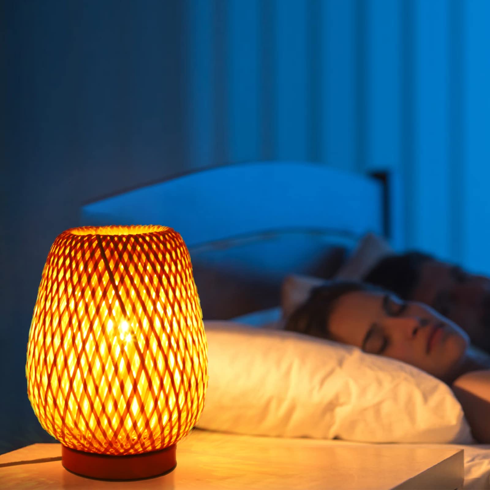 Boho bambusowa mała lampa stołowa wiklinowa tkana, lampy biurkowe do sypialni, nocna lampka do czytania, wystroju domu