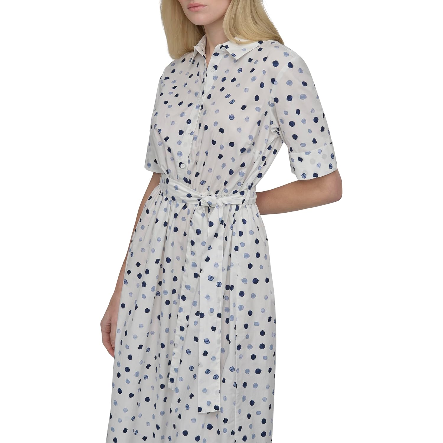 DKNY Womens Short Sleeve Cotton Poplin Collared Midi Shirtdress - Image 2