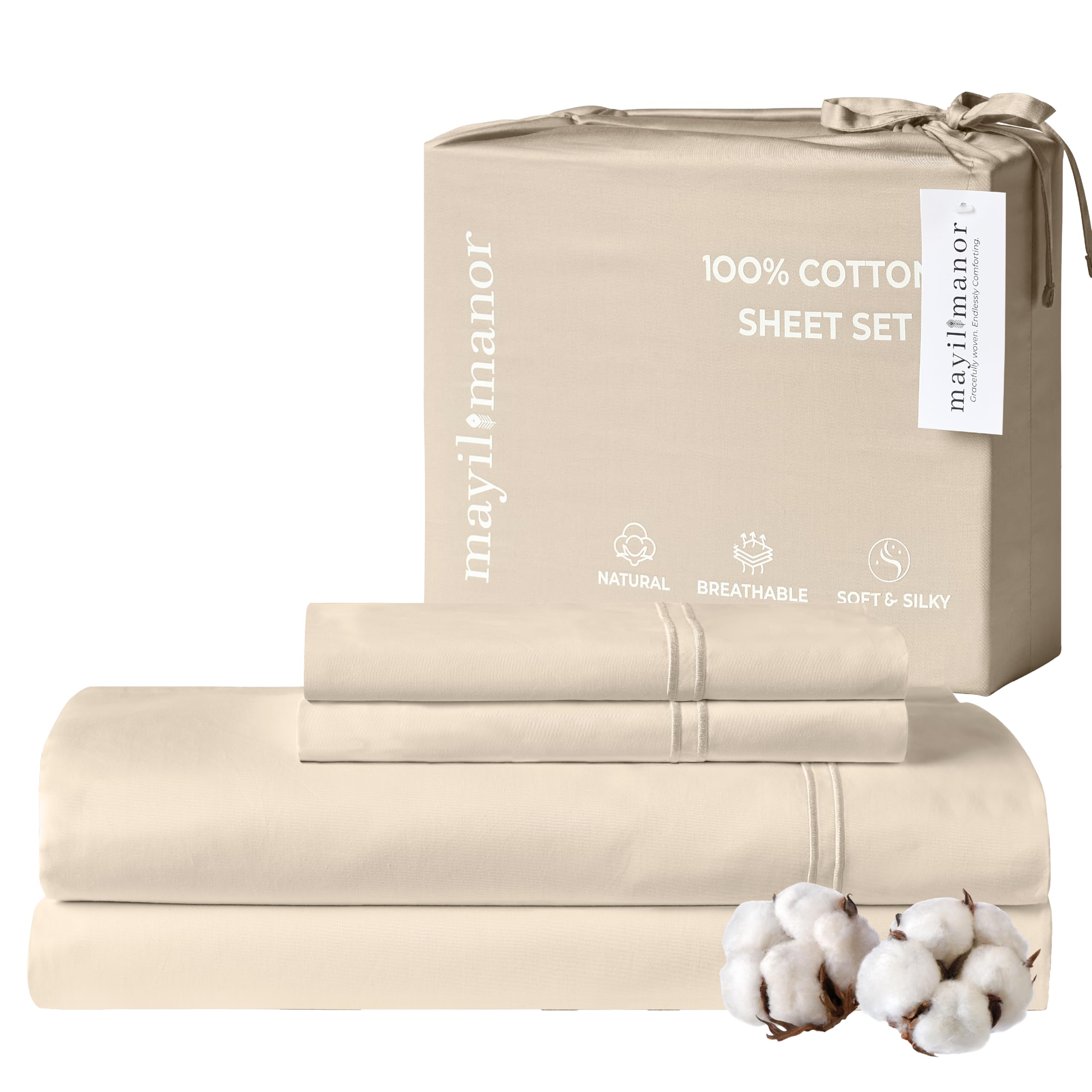 100 Natural Cotton Sheets Queen Size Bed Set 500 TC Single-Ply Sateen Weave Breathable Hypoallergenic Solid 4-Piece Bedding