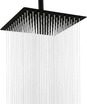 Rain Shower Head, 10 Inches Rainfall Shower Head Square, Large Stainless Steel Bathroom Waterfall Showerhead High Pressure, Overhead Flat Big Replacement Head, Ceiling or Wall Mount, Matte Black