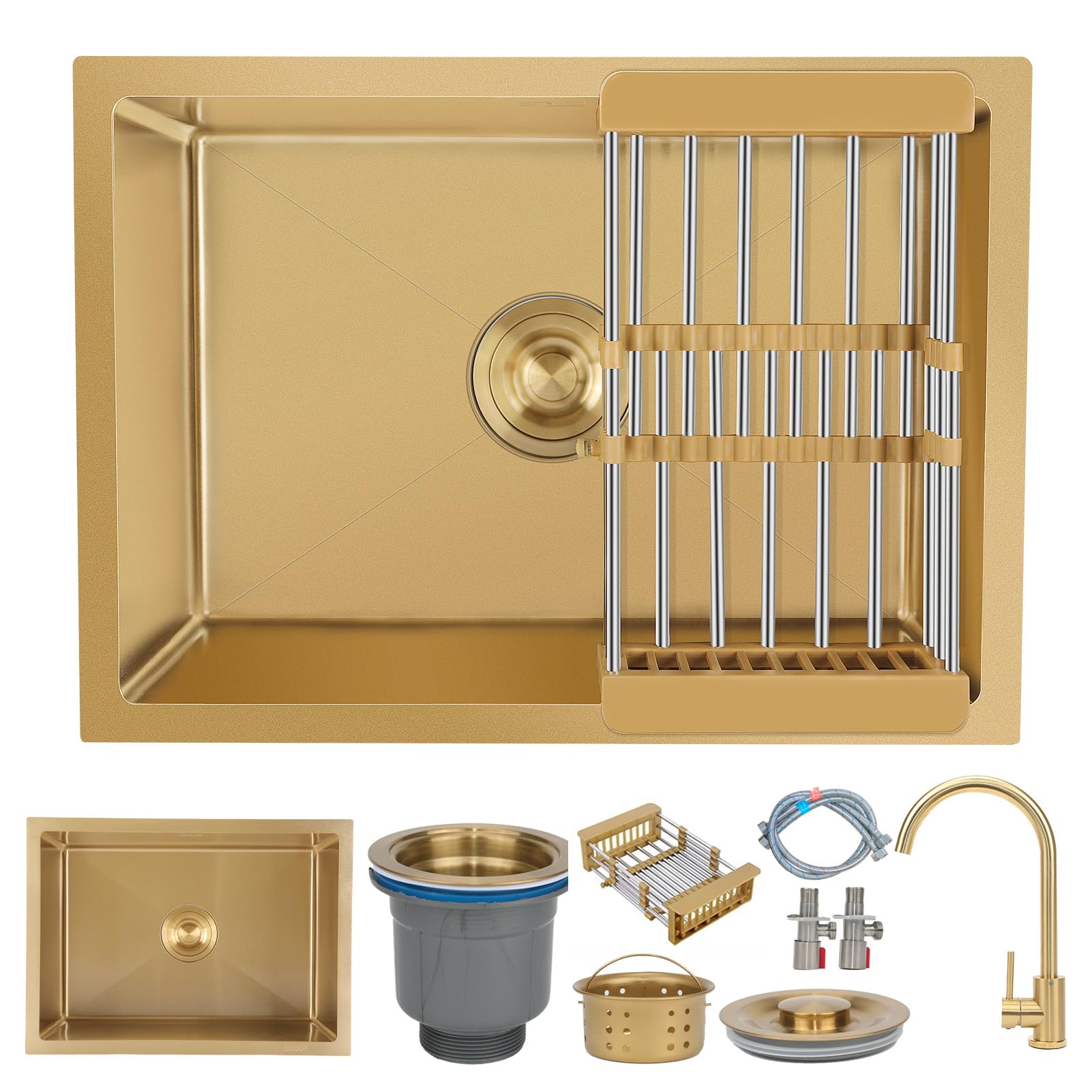 KOOGIMDDR 55 x 40 cm Gold Prep Sink with Tap Undermount Stainless Steel Multifunctional Kitchen Essential Single Bowl Sink with Gold Drainer and Mounting Components, with Drain Basket