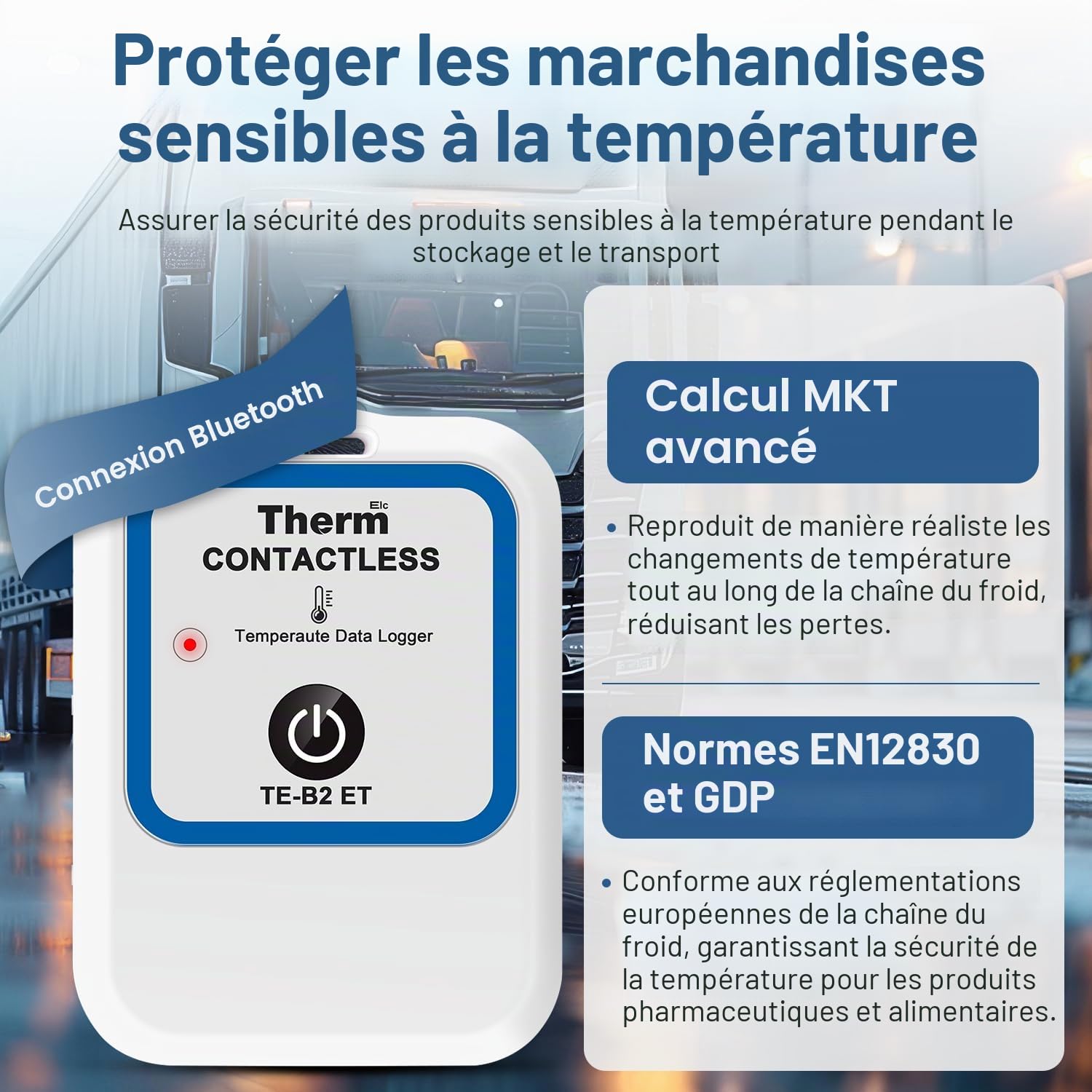 ThermElc TE-B2 Enregistreur de température sans fil pour vaccins, conforme à la norme EN12830, moniteur pour réfrigérateur de pharmacie avec calcul MKT, réutilisable, rapports PDF sans contact