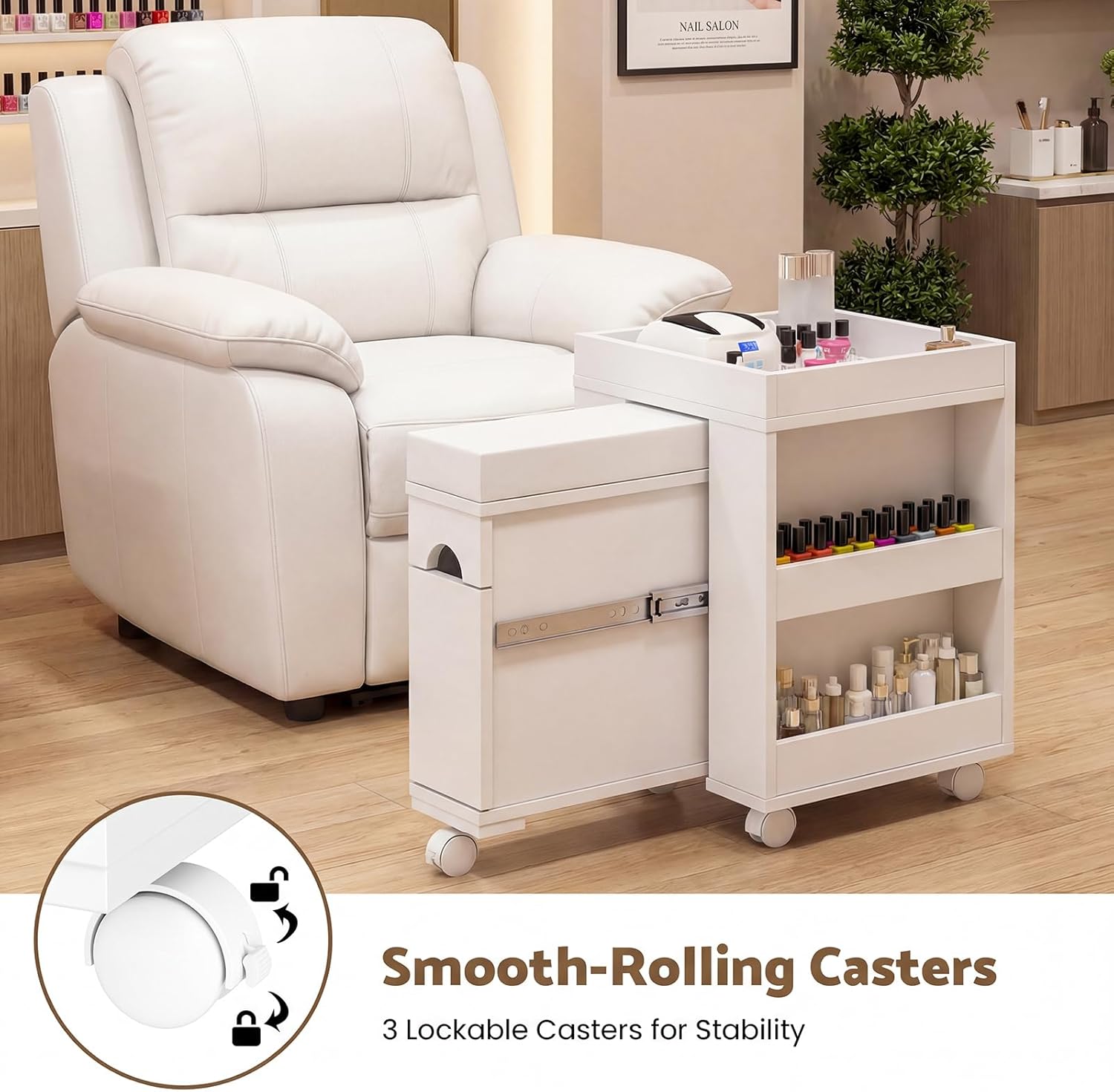 Close-up of the HolaiNail Pedicure Trolley Cart's smooth-rolling casters, highlighting the three lockable wheels for stability.
