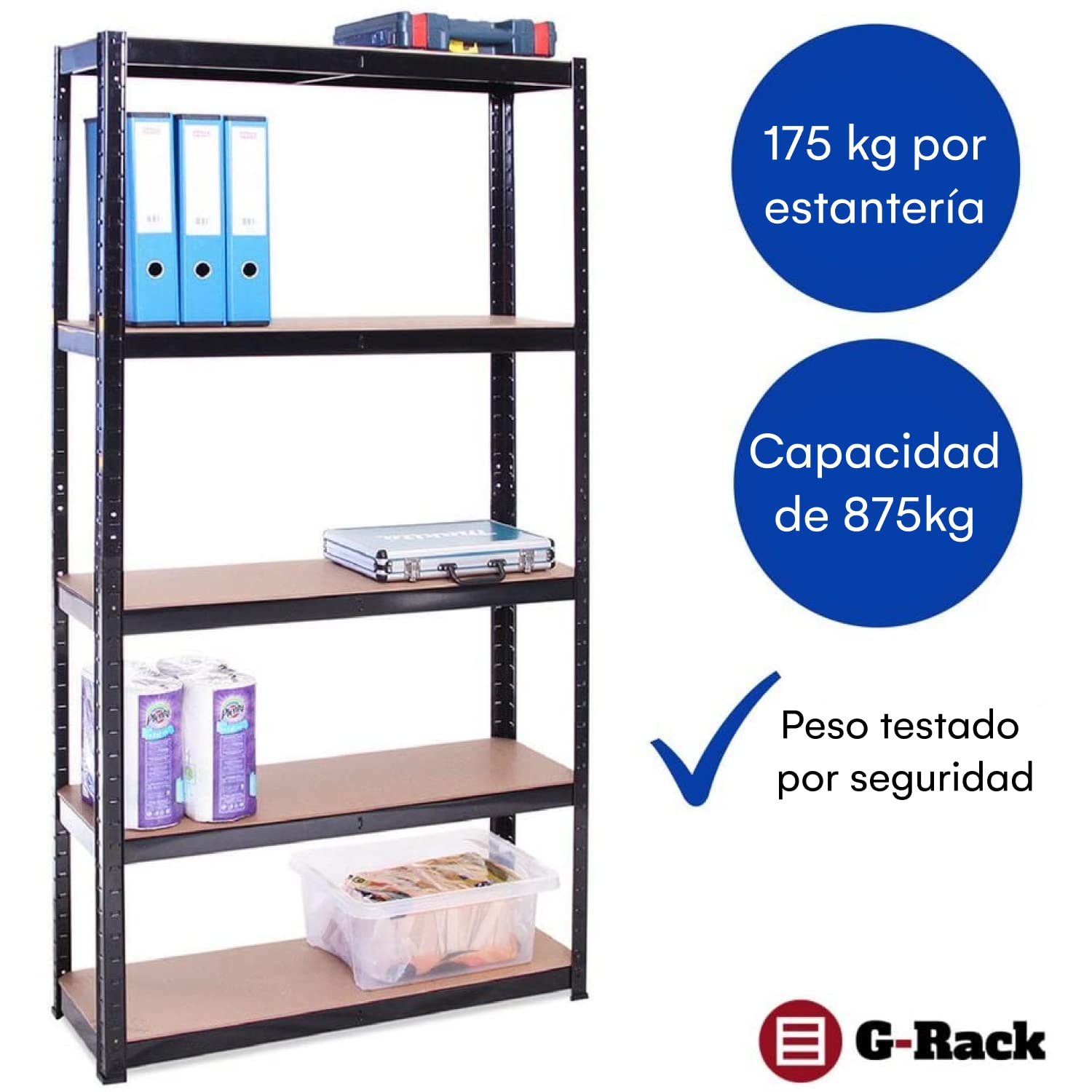 Estante de Almacenamiento para Garaje: 180 cm x 90 cm x 40 cm | Negro - 5 Estantes | 175 kg de Carga Cada balda (Capacidad para 875 kg) | Estantería para Garaje Muy Resistente - 5 Años de Garantía