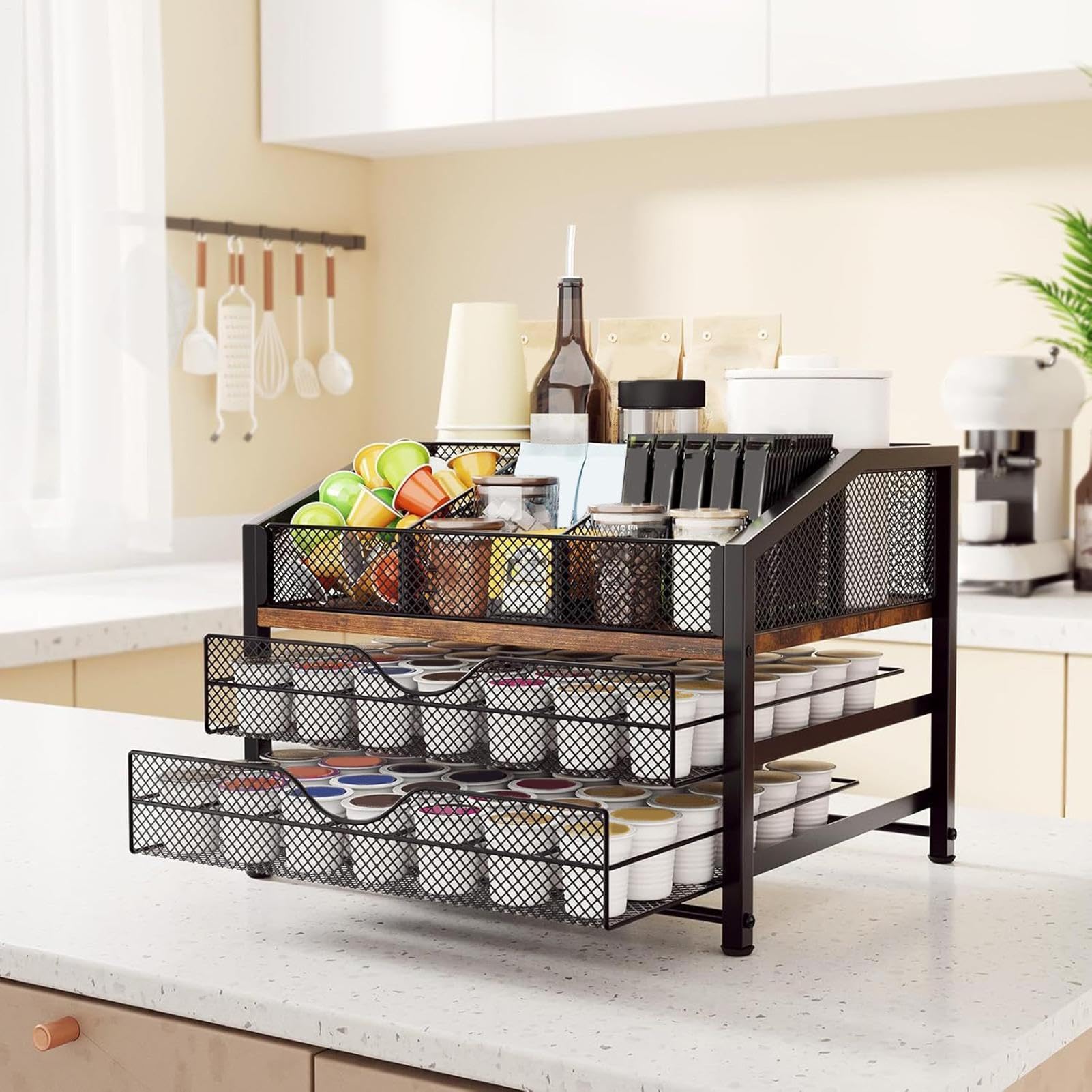 Kaffeepadhalter Ablage aus Holz und Metall, großes Fassungsvermögen | Kaffeebar-Organizer Kaffee-Zubehör für Zuhause, Küche, Büro, Bar