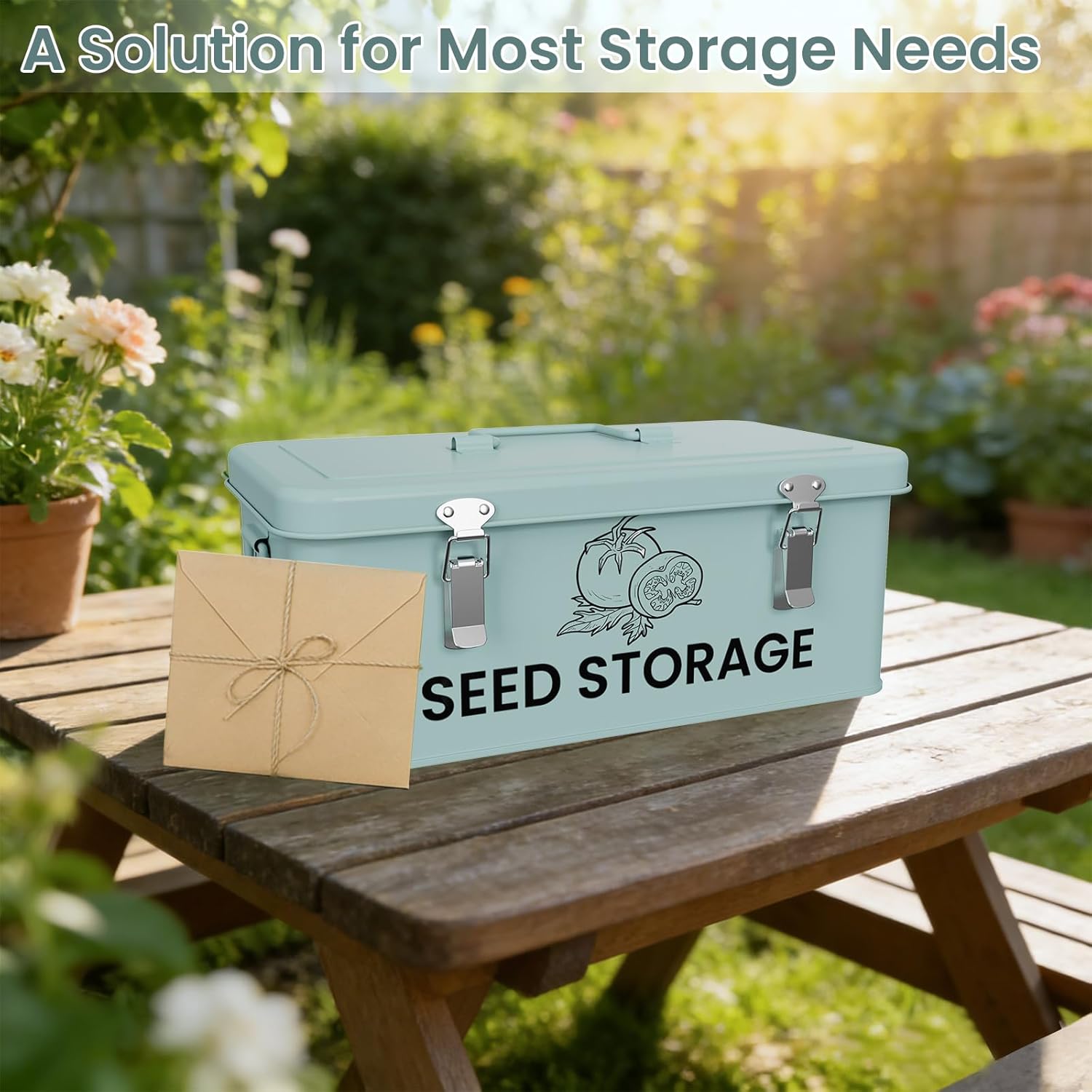 Seed Storage Organizer Box, Metal Seed Box, Garden Seed Organizer with Lid, Seed Containers Storage with 5 Compartments, 30 Seed Holder Organizers, 100pcs Seed Envelopes (Blue)