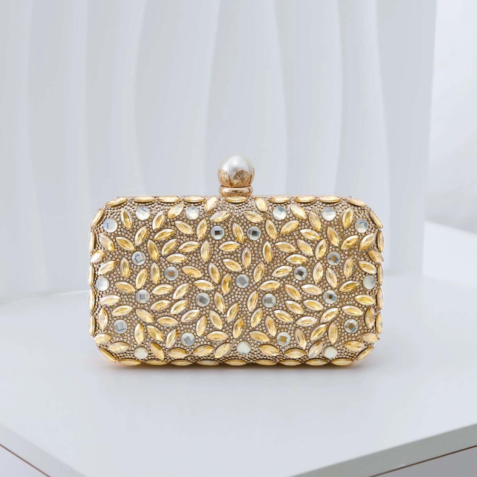 Clutch Rectangular Dorado con Pedrería Brillan Bolso Mano Estructurado con Adornos Cristales Distinguido para Bodas, Cenas Formales