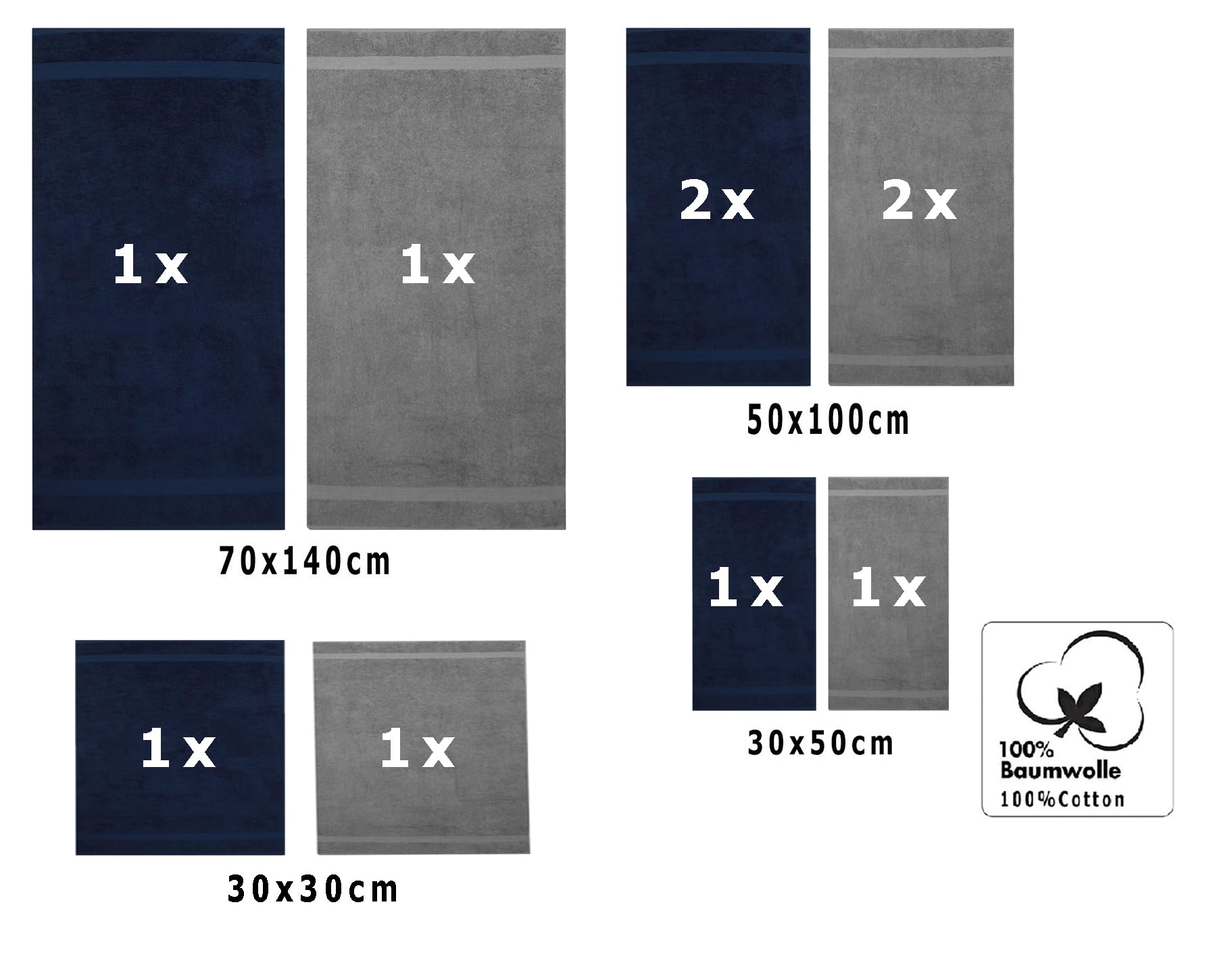 Betz Juego de 10 Toallas Classic 100% algodón 2 Toallas de baño 4 Toallas de Lavabo 2 Toallas de tocador 2 Toallas faciales Color Azul Oscuro y Gris Antracita