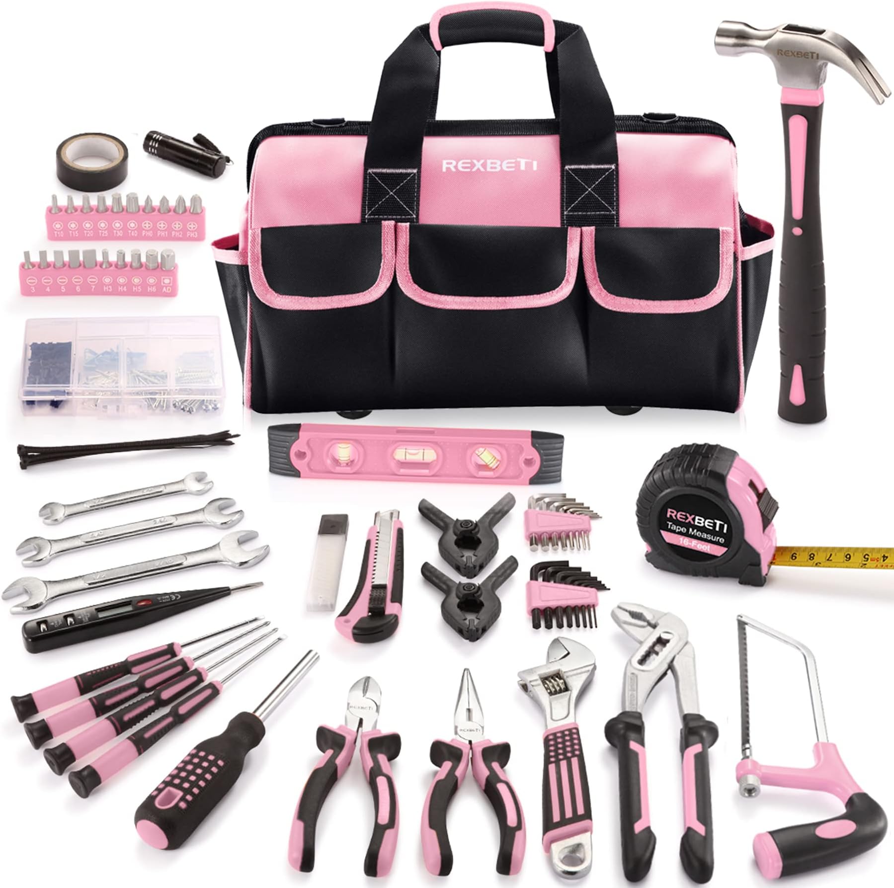 REXBETI 219-Piece Pink Tool Set, Ladies Hand Tool Set with 16 inch Tool Bag, Women Home Repairing Tool Kit, Large Mouth Opening Tool Bag with 19 Pockets, Perfect for Home Maintenance and Daily Use