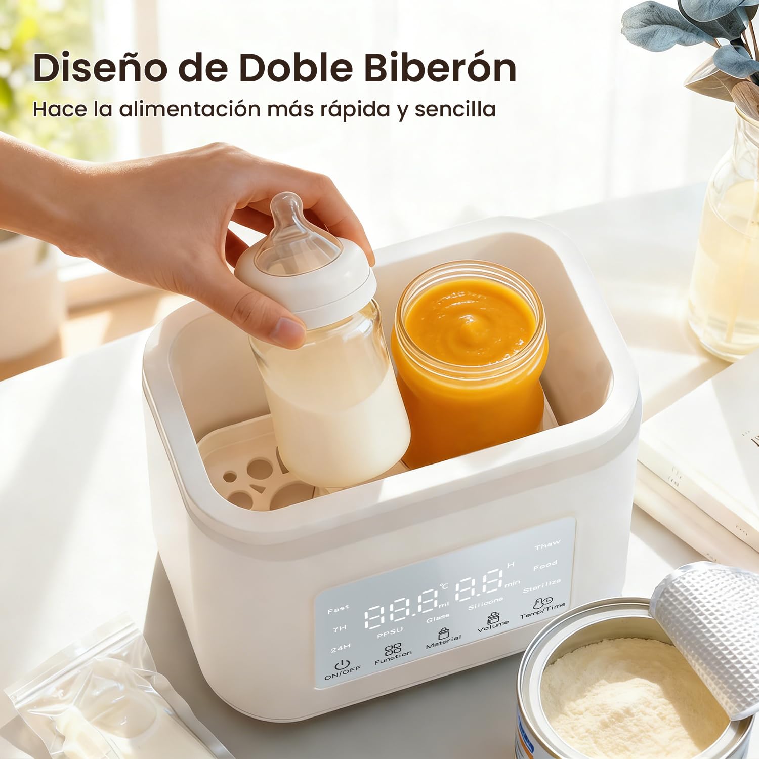 Calienta Biberones Doble, 10 en 1 Esterilizador Biberones, Calienta/Descongela Leche Materna y Purés, Control Preciso de Temperatura, con Pantalla LCD, Temporizador, Apagado Automático (Blanco)