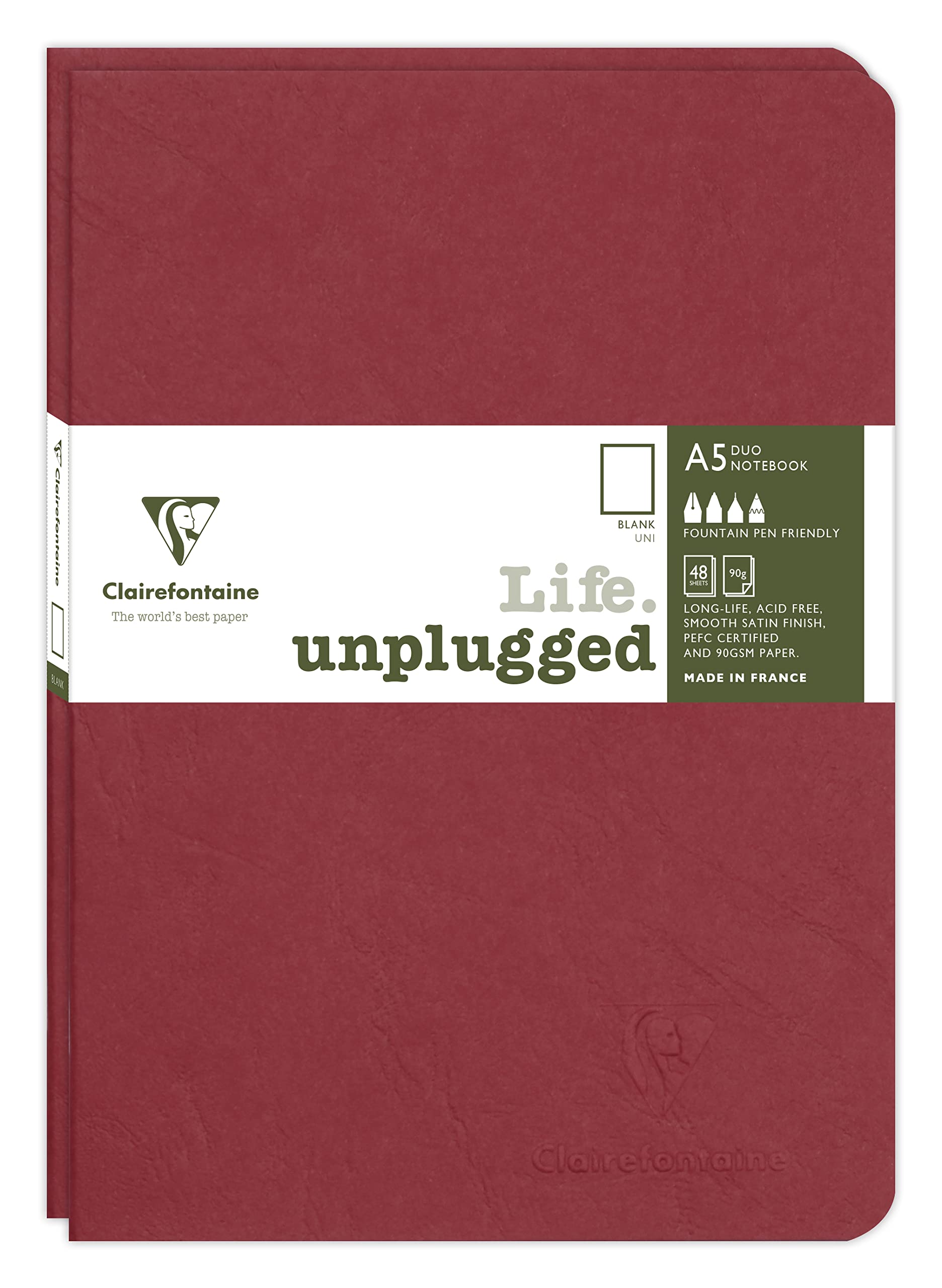 Clairefontaine 733182C Collection Age Bag Set of 2 Red Duo Stapled Notebooks, A5 15.8x21 cm, 96 Plain White Pages