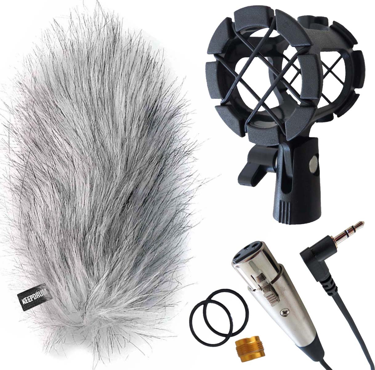 keepdrum, Conjunto de Accesorios de micrófono direccional: Deflector de Viento WS-WH, Montaje de Choque PCM-H1, Cable TRS/XLR MC-025XJ