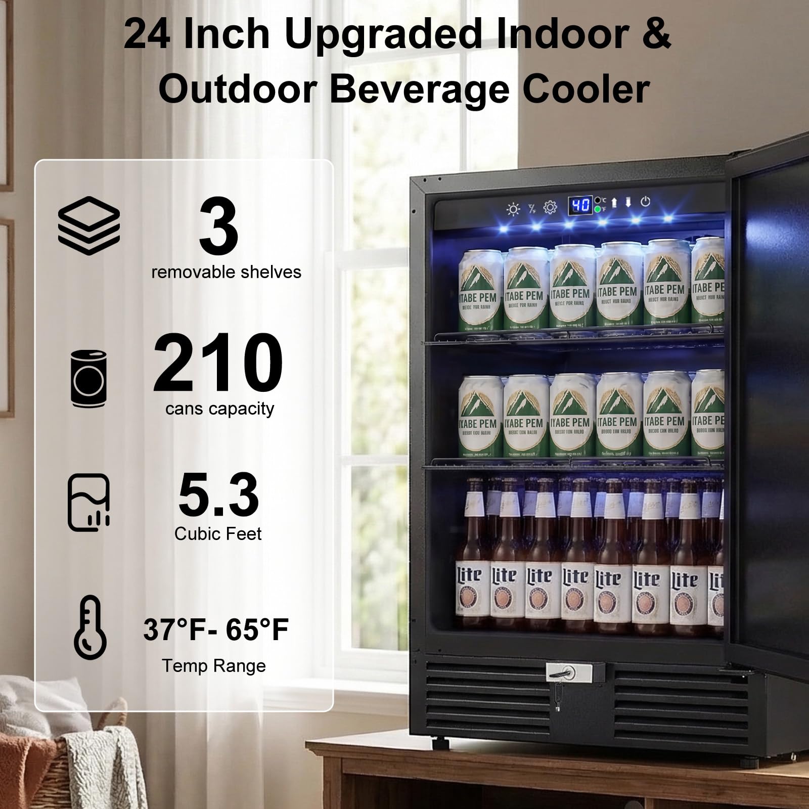 Velieta 24 Inch Beverage Refrigerator–210 Can Large Capacity Beverage Fridge With French Door, Built-In Or Freestanding Under Counter Outdoor Beverage Cooler With Reversible Door, Black on Fridge.com - View 2