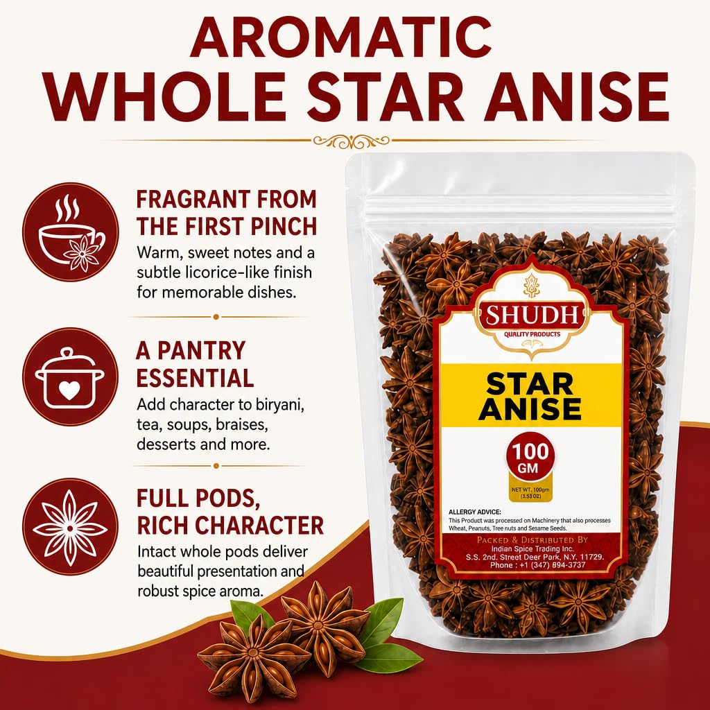 Shudh Star Anise Whole 100 gm(3.5oz), Chinese Star Anise, Sun Dried Anise Star Spice, Anis Estrella/Badian Khatai/Illicium Verum, Widely Used for Baking, Cooking, and Tea image 3