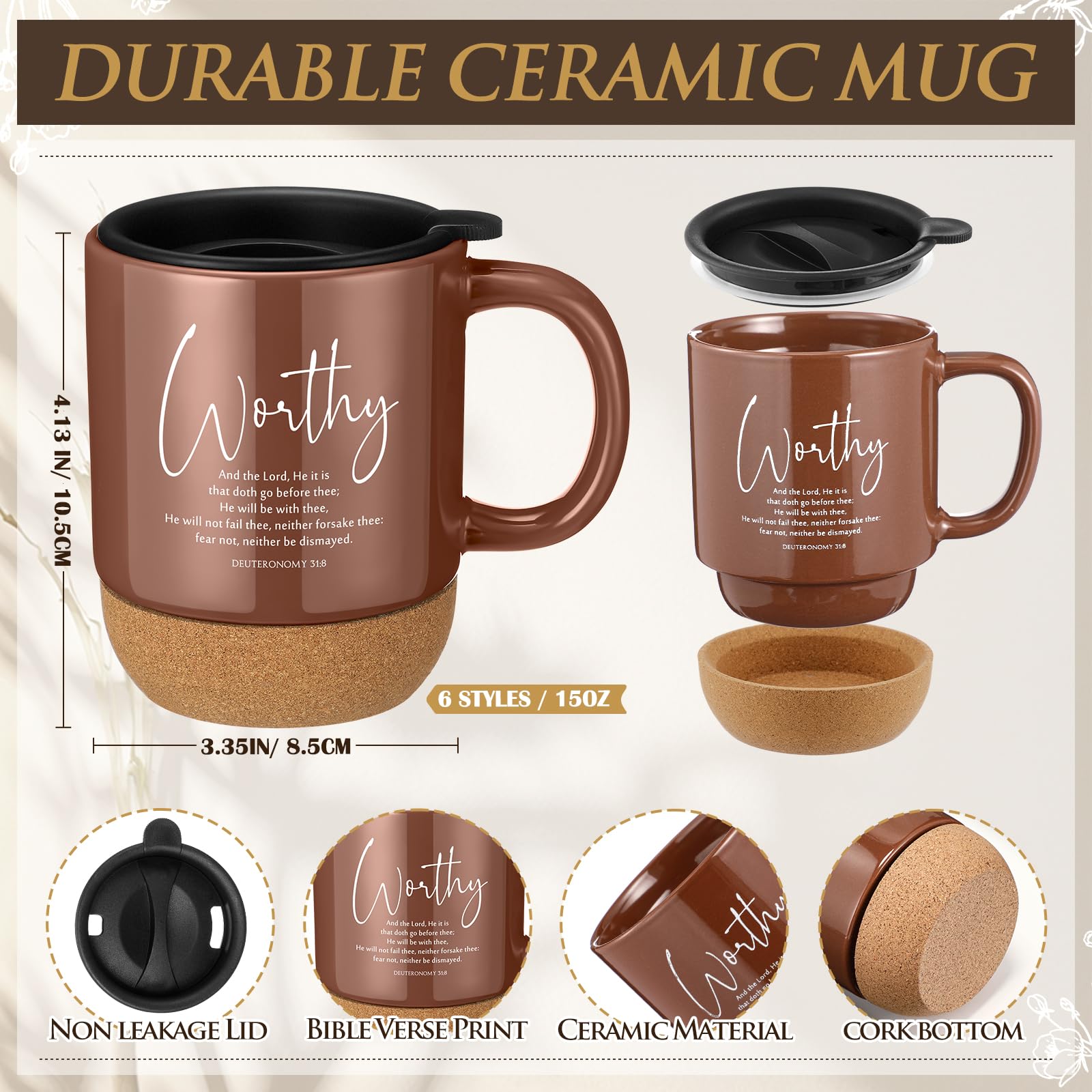 FillTouch 6-teiliges Set christliche Geschenke, 425 ml, Keramik-Bibelversen, Kaffeetasse, A6, Leder-Tagebuch mit Stift und Duftkerze, inspirierendes, religiöses Geschenk für Frauen, Männer