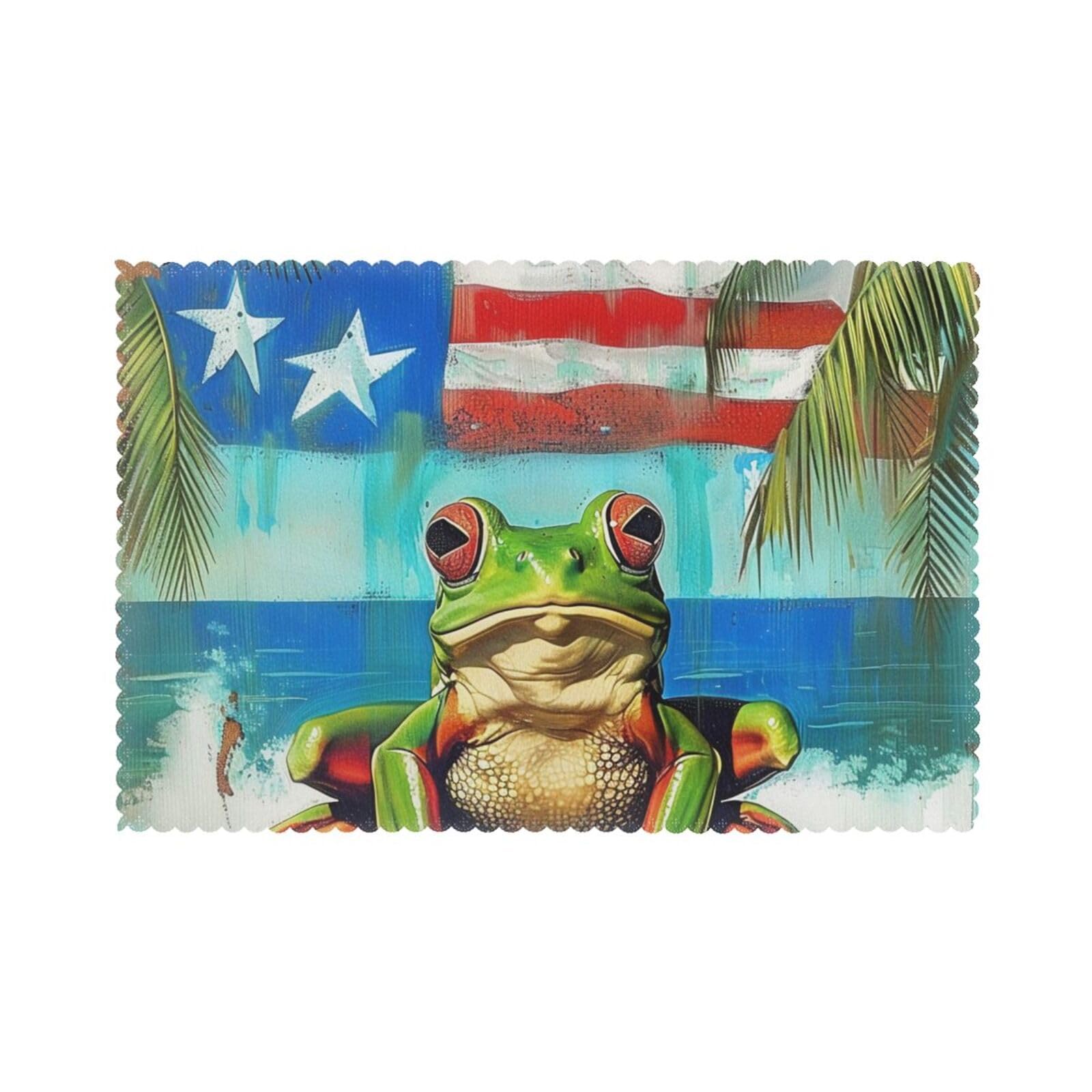 Puerto Rico Flag Frog Palm Trees Printed Placemat Heat Resistant Place Mats Set of 6 PCS Washable Kitchen Table Mats, 12x18 Inch