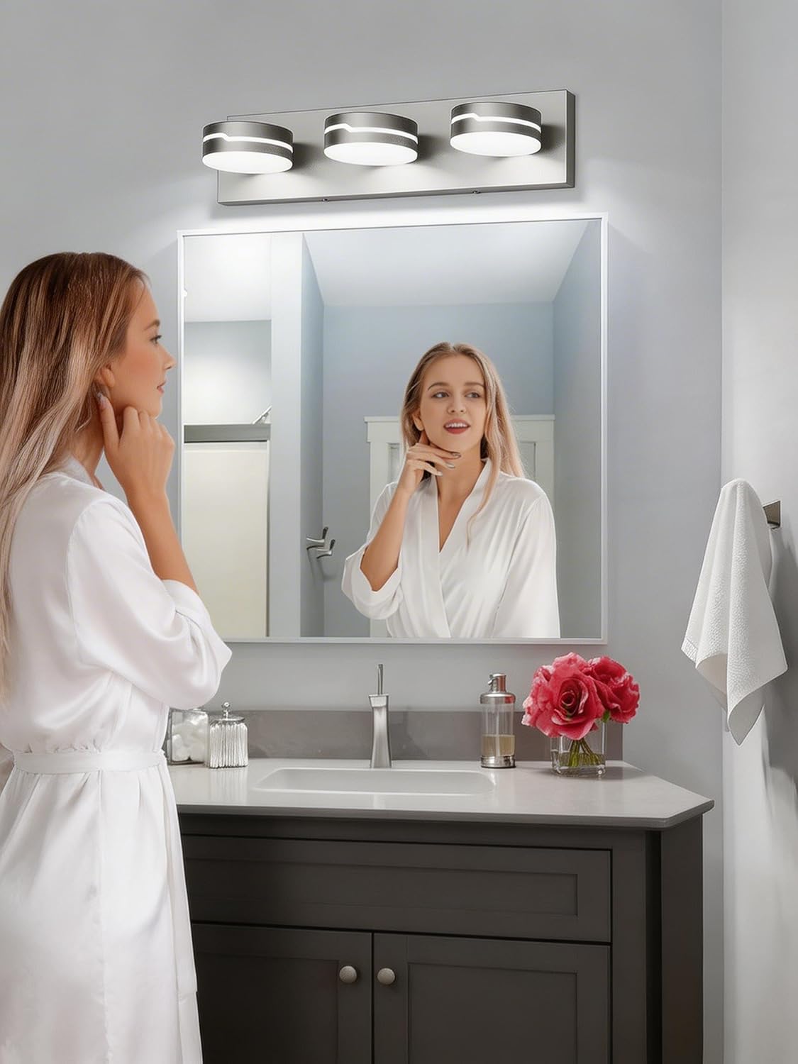 Vanity Lights for Bathroom, 18.9in Brushed Nickel Bathroom Light Fixtures Over Mirror, 3-Light Modern LED Wall Sconce Makeup Lighting, 350° Rotatable, Dimmable 6000K Cool White, Hardwired
