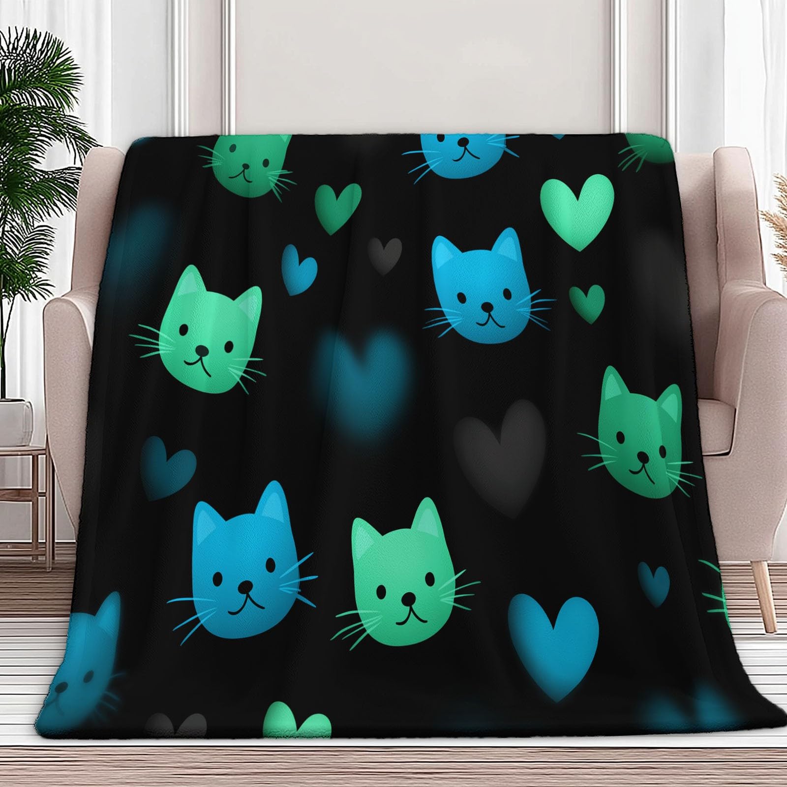 Generico Plaid Coperta Pile Nero Bambini Ragazzi Ragazze Plaid Pile Motivo Forma Faccia Gatto Neon Cartoni Animati Coperte Flanella 220 x 240 cm, per Letto e Divano Blanket Peluche Morbida e Calda