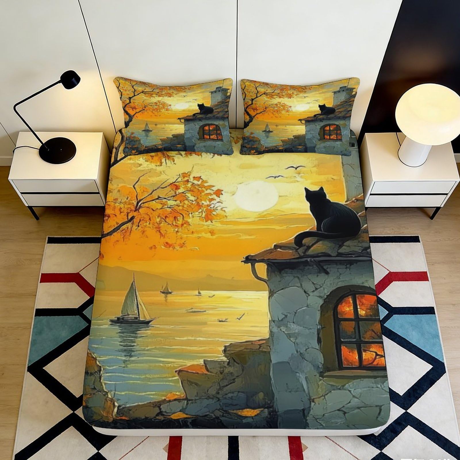 Pnayamiorkfel Style-8 3D Printed Sunset Cat Fitted Sheet Microfiber Artistic Sailboat Bed Cover For Bedroom Guest Room Decor 90X200x25cm