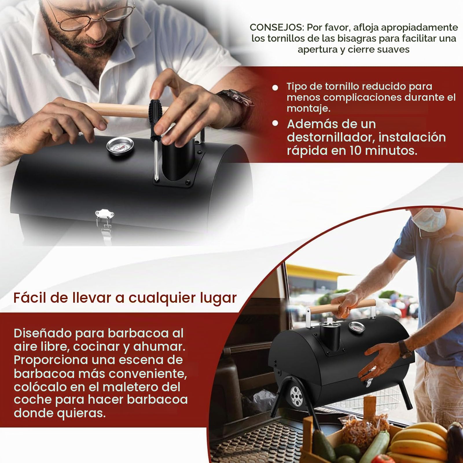 Barbacoa de carbón vegetal portátil para camping, barbacoa de carbón con tapa, pequeña barbacoa de mesa con termómetro, suministro de aire ajustable y cantidad de aire de escape, para cocinar al aire