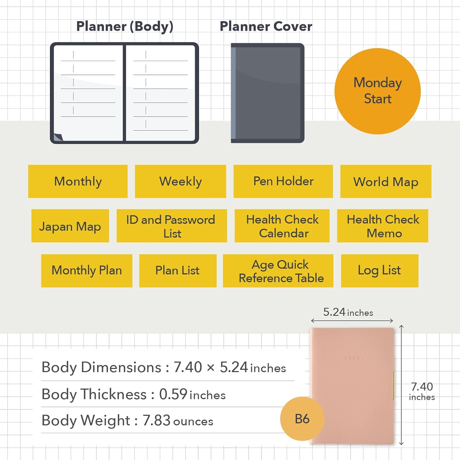NOLTY Ecri Plus B6 Memo Weekly Planner 2026, January Start, Japanese Edition, Pink, 2026-2319