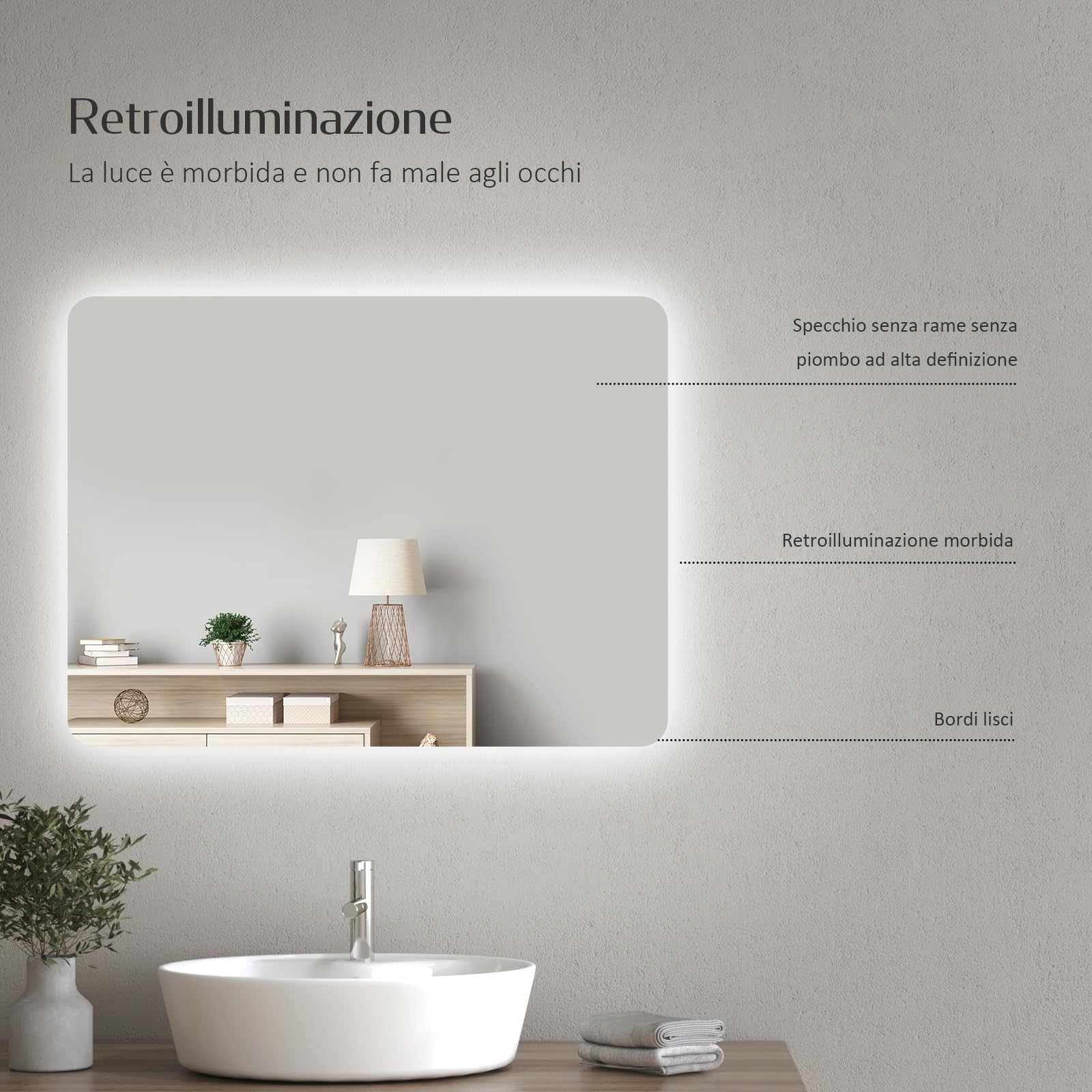 EMKE Specchio bagno con luce 40x60 cm, antiappannamento,memoria | specchio retroilluminato bagno con interruttore a pulsante ,specchio bagno led con luce bianca fredda e calda