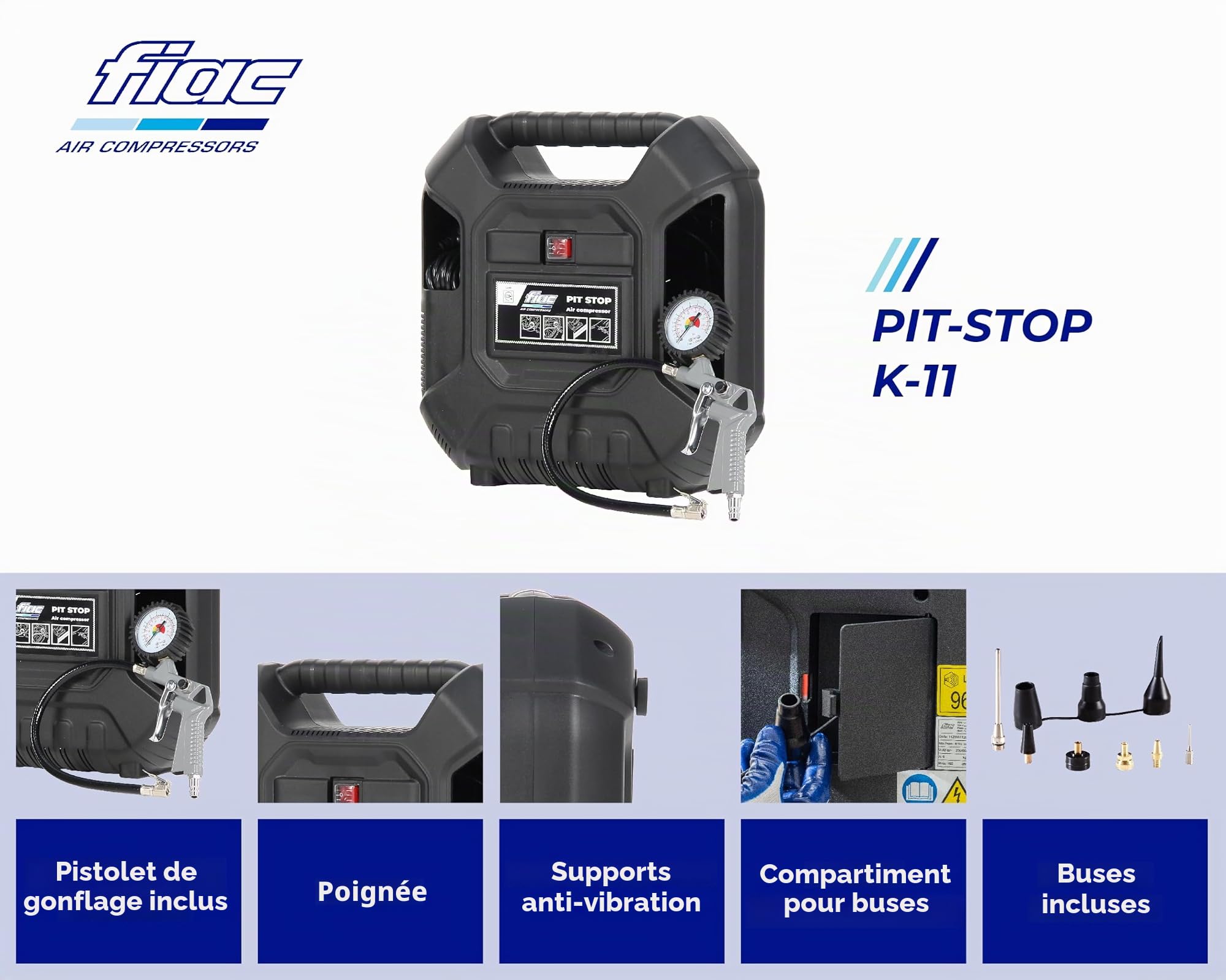 FIAC Pit-Stop Compresseur d'Air Portable, Compresseur d'Air Sans Huile avec Tuyau Flexible, Pistolet de Gonflage avec Manomètre et 6 Buses, Pression Max. 8 Bar, Puissance 1.5 CV