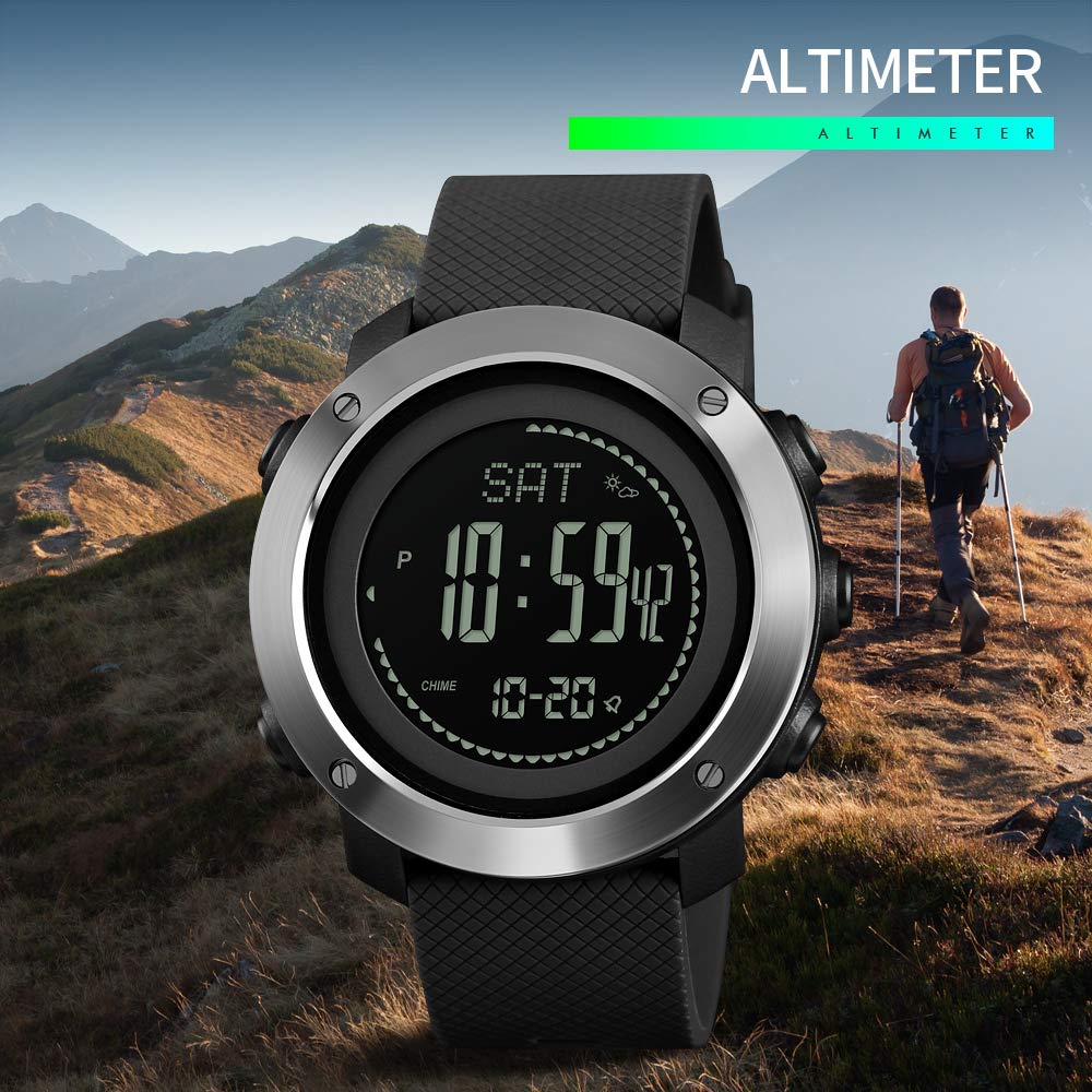 TONSHEN Kompas Zegarek Męski i Kobiety Outdoor Sport Wielofunkcyjny Cyfrowy LED Elektroniczny Wysokościomierz Termometr Pedometr Kalorie Alarm Data Zegarki Bransoletka (Stal Czarna)