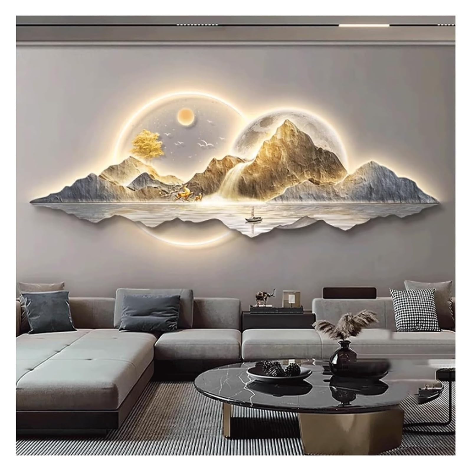 CSYQPDMBDL LED-Landschafts-3D-Wandbild mit Fernbedienung – beleuchtetes Sonnen- und Monddesign for die Wohnzimmerdekoration(100x37cm)