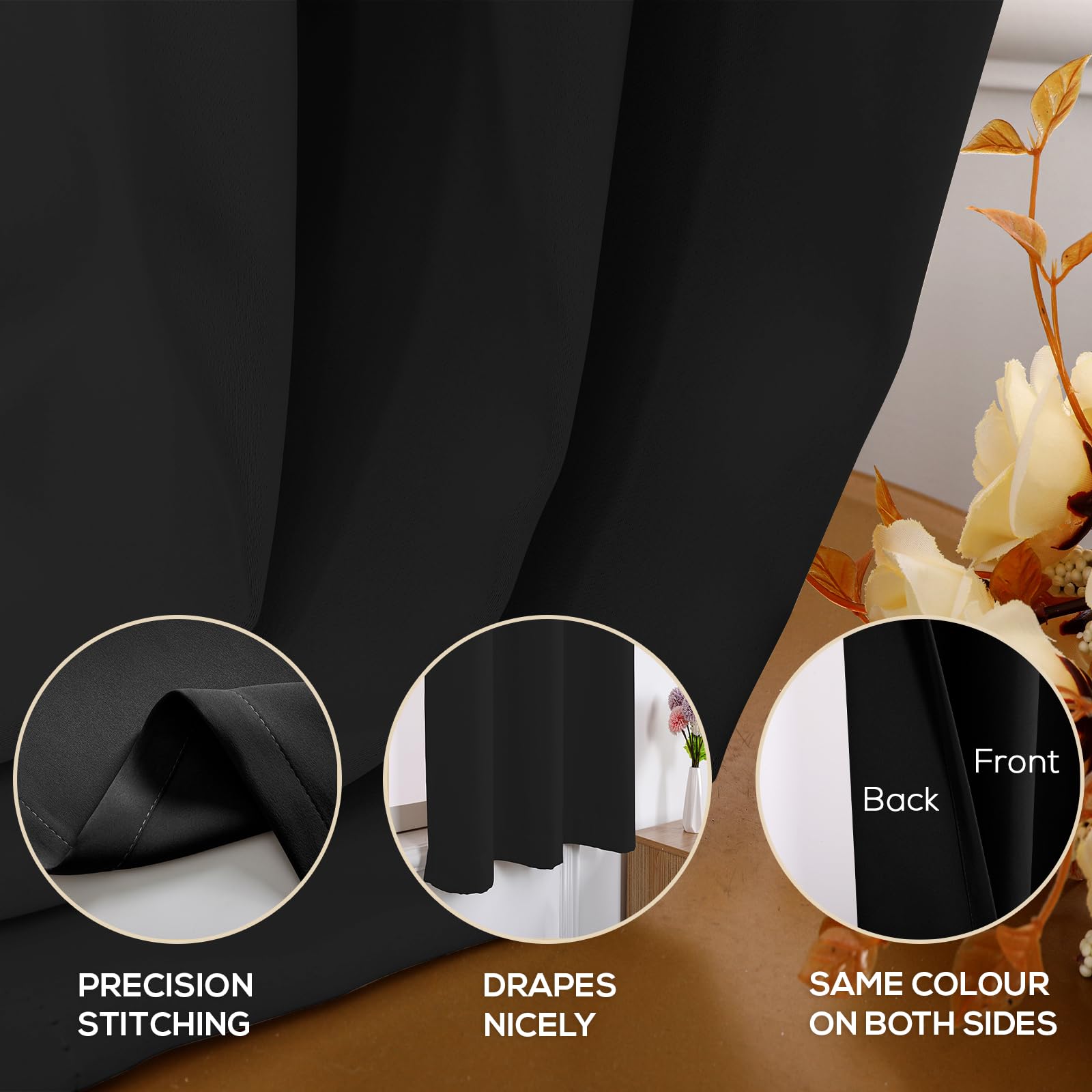 Rideau Occultant à Œillets - Thermique, Opaque, Anti-Bruit pour Chambre, Salon, Balcon, Dressing - 200 x 180cm (L x H) Noir