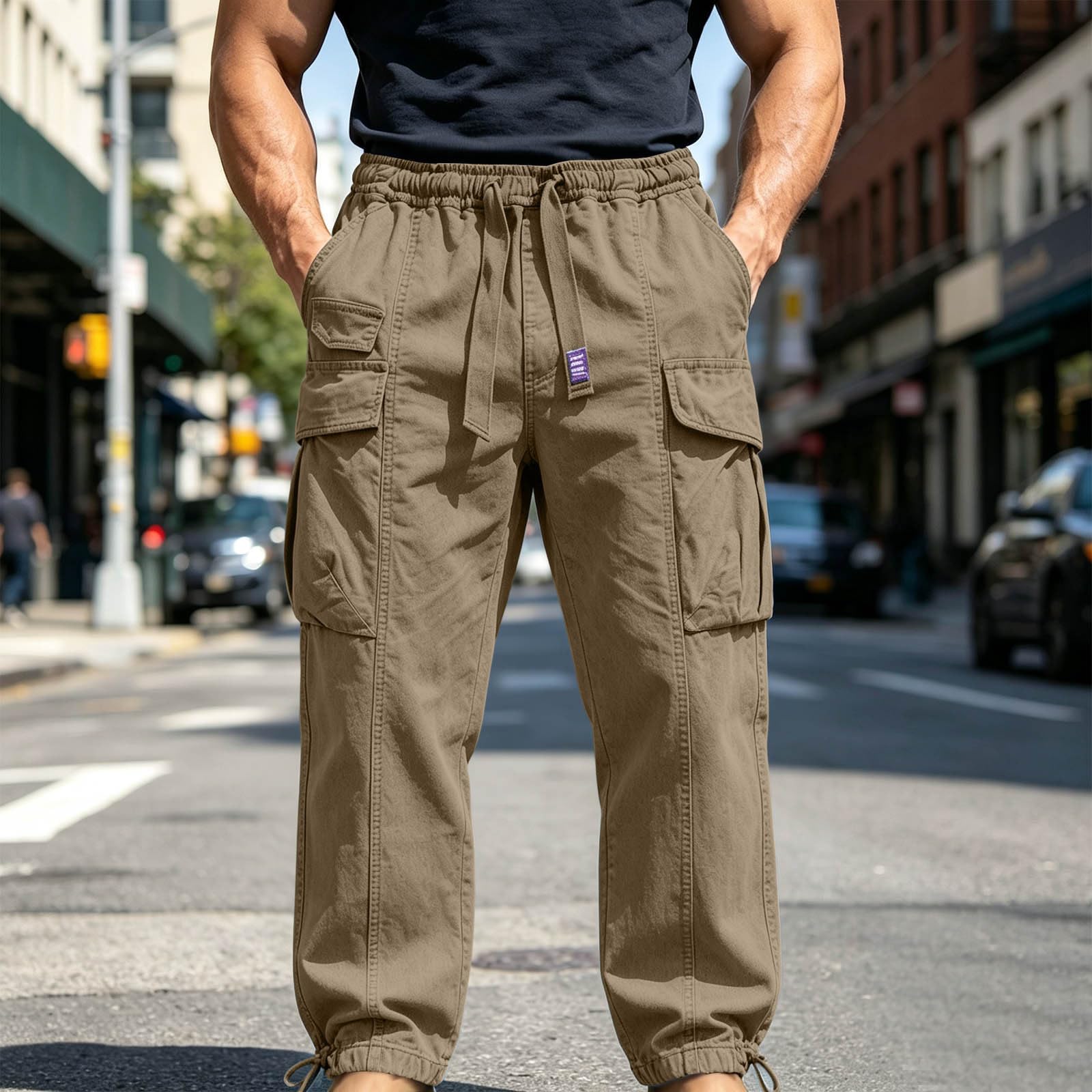 Pantalon Cargo Homme Coupe Ample Poches Cargo Mélange Coton Usage Quotidien