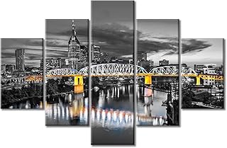 Nashville Skyline Wall Art Nashville Tennessee Downtown Night Panorama Cityscape Home Decor 5 Piece Wall Decoration for Living Room Modern Artwork for Home Walls Framed Ready to Hang (60''Wx 40''H)