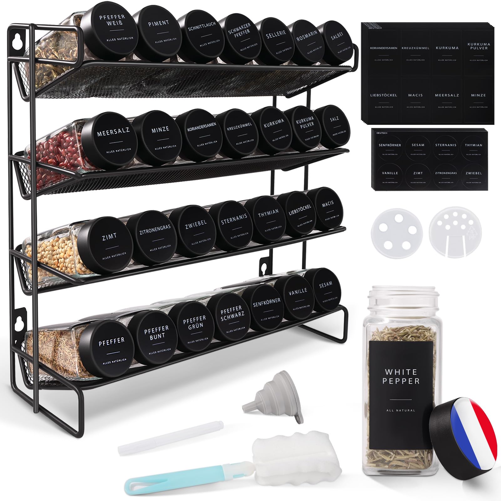 Porte-épices pour cuisine, 28 pots d'épices, porte-épices pour cuisine, avec 308 étiquettes, tamis, brosse