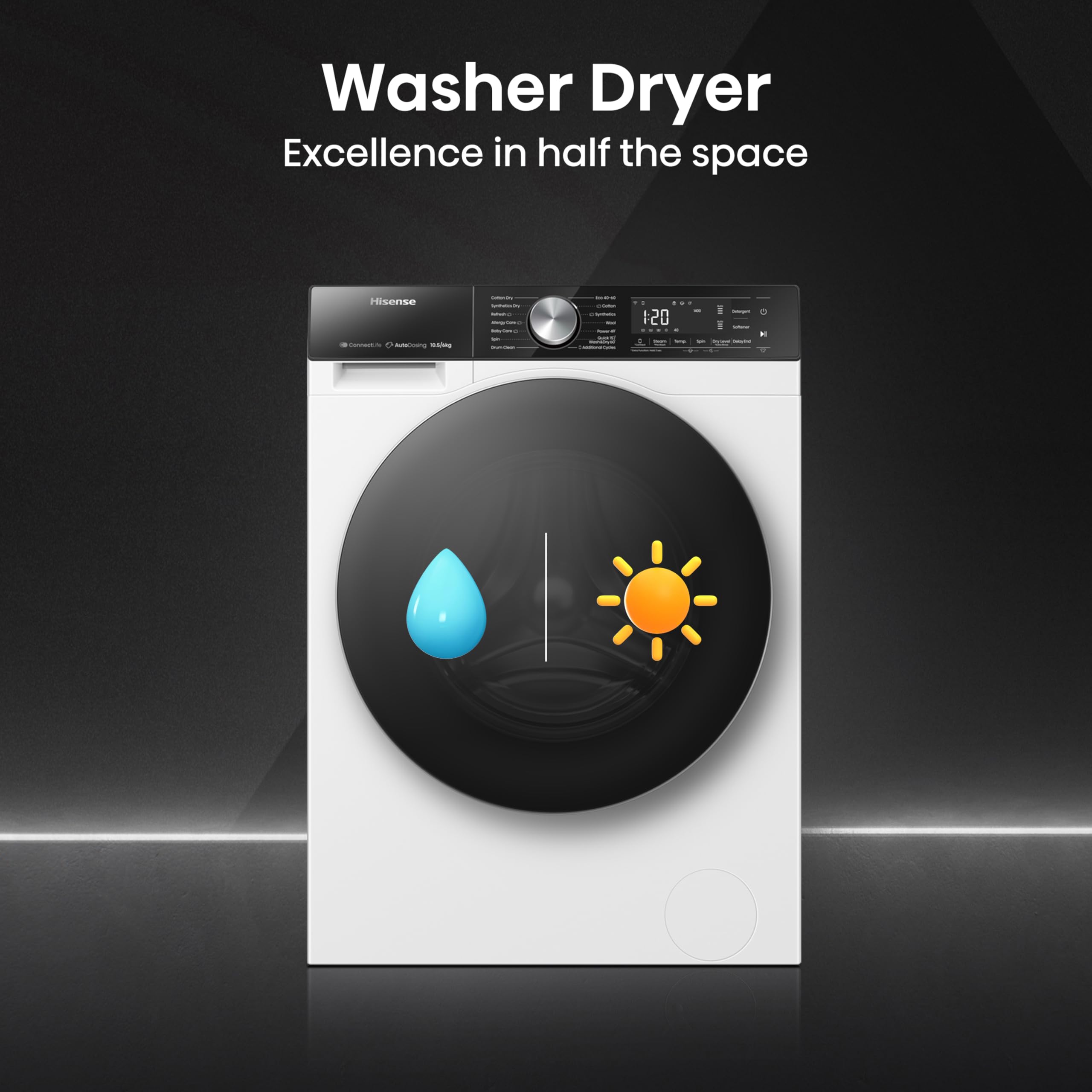 Hisense WD5S1045BW - Lavadora Secadora 2 en 1 con Vapor, Carga Frontal 10,5 Kg Lavado, 6 Kg de Secado, 1400 rpm, Motor Eficiente Inverter, Sistema Antibalanceo, Puerta XL, Serie 5S, Display LED