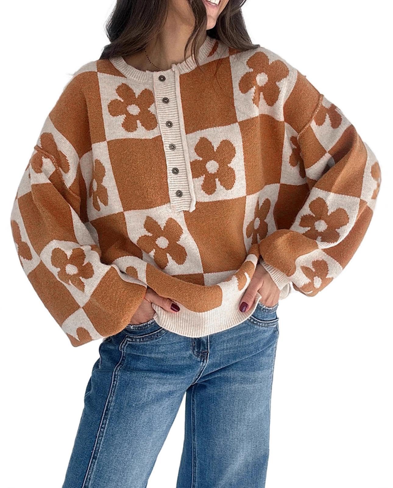 yoeasy Womens Floral Sweater Long Sleeve Oversized Printed Cute Crewneck Casual Knit Loose Fit Pullover Tops