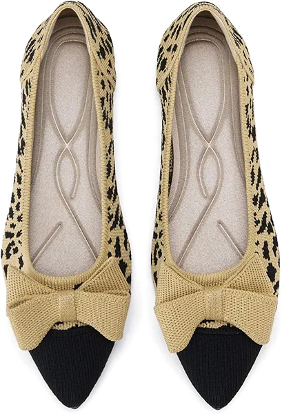 AHZEHRSE Womens Ballet Flats with Bow Leopard Flats for Women Comfortable Casual Ballerina Flats for Women Comfy Dress Shoes Flats for Business Work Office Pointed Toe Flats Shoes