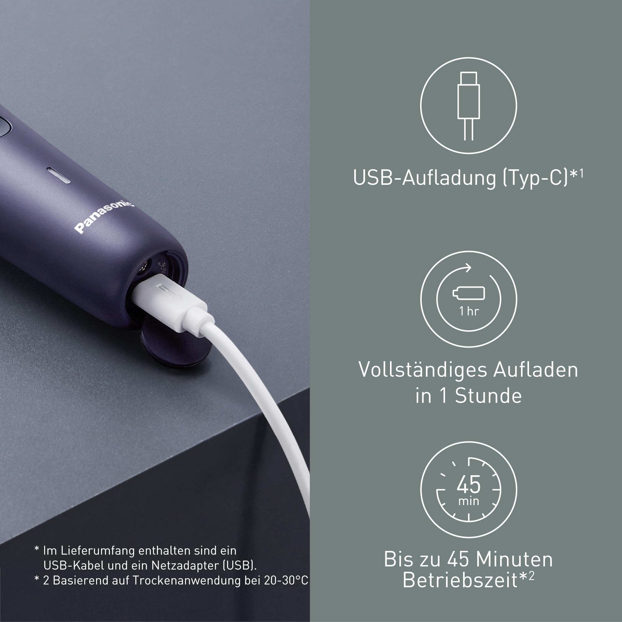 Panasonic Series 500 ES-ERM3FV503 3-Klingen Nass- & Trockenrasierer, wiederaufladbar, japanischer Edelstahl, 10D flexibler Scherkopf, IPX7, USB-C-Ladefunktion, Violett