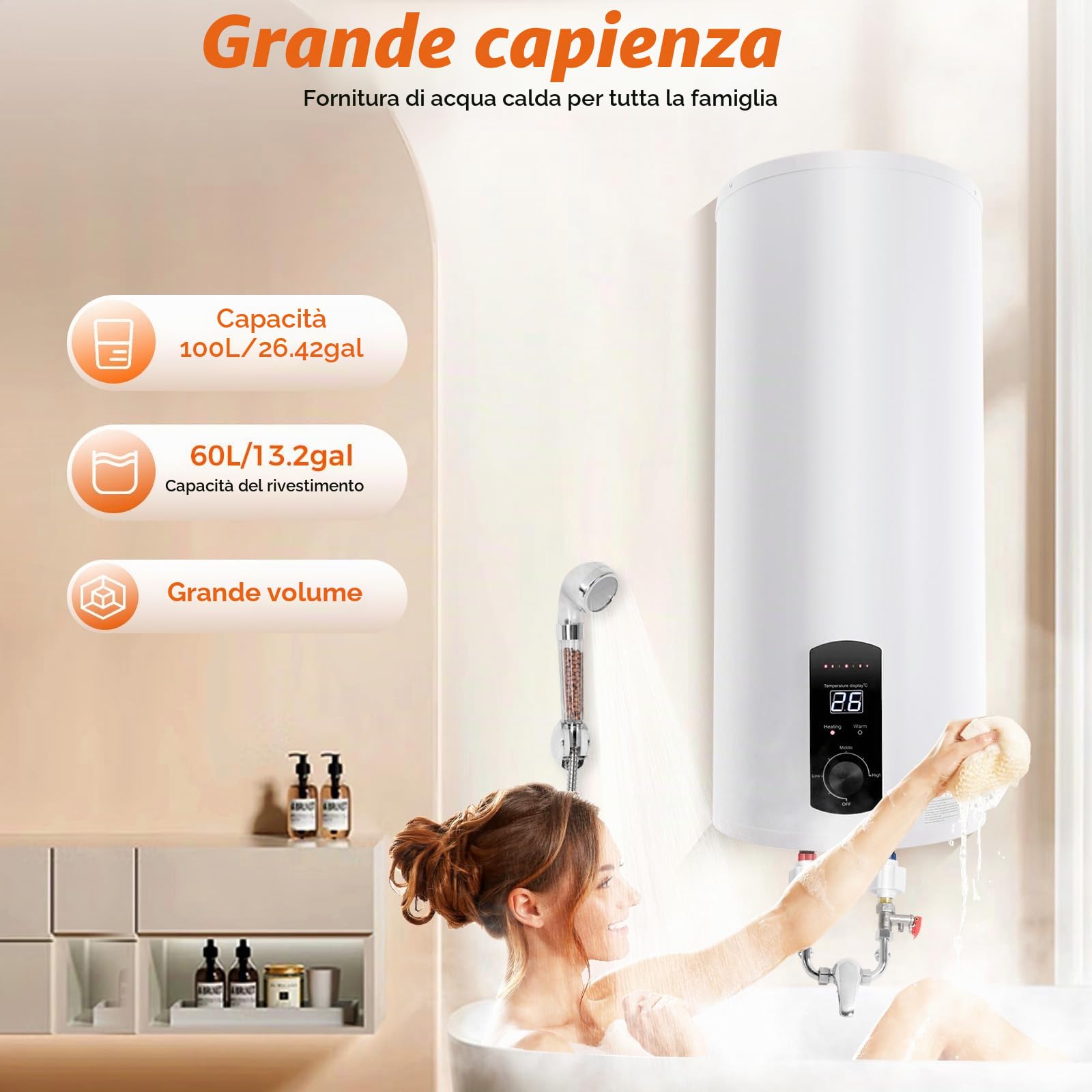 Serbatoio acqua calda elettrico da 60 litri, scaldabagno verticale con schermo a LED, per cucine, bagni, parrucchieri